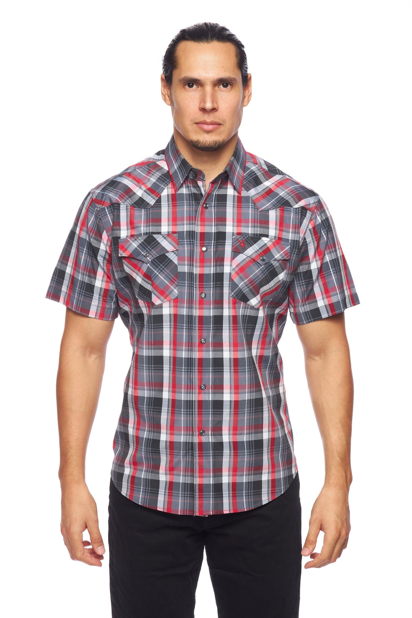 Men's Western Short Sleeve Pearl Snaps Plaid Shirt-PS400S-402