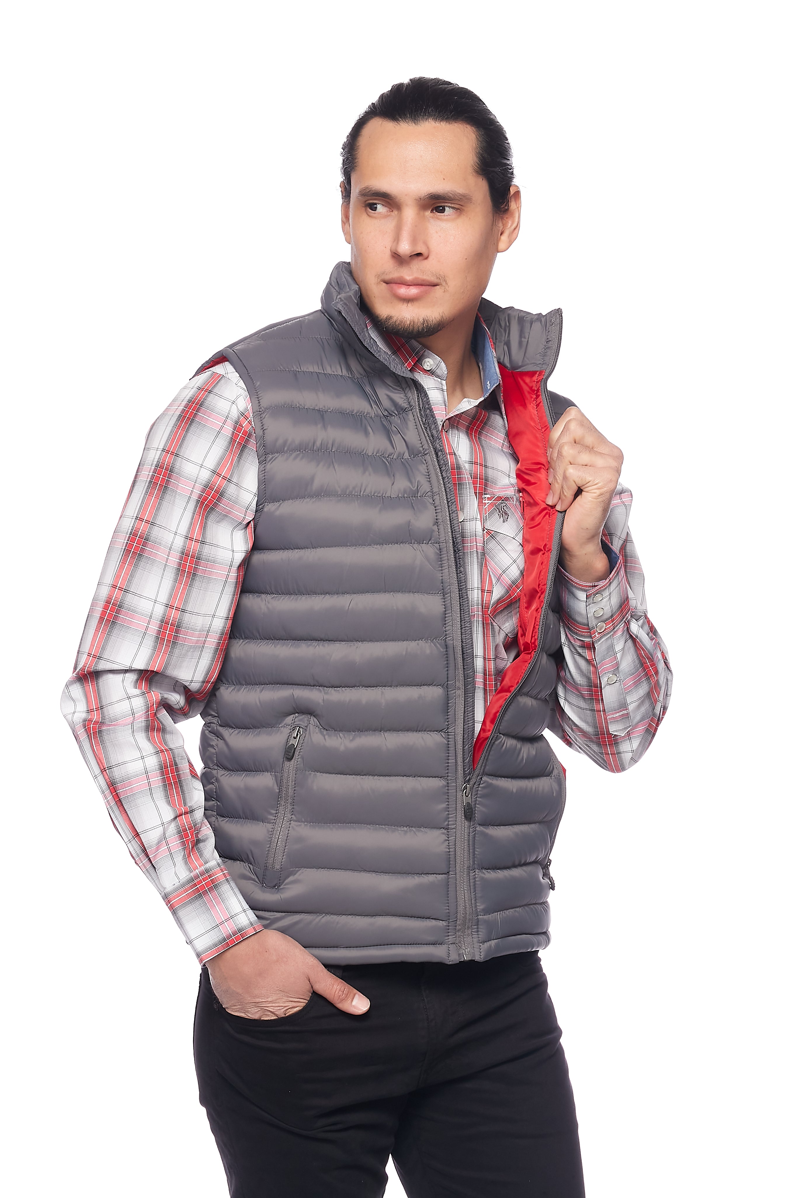 Men's Puffer Workwear/Streetwear Sleeveless Vest-NV640-DK GREY/RED - Rodeo Clothing wholesale 