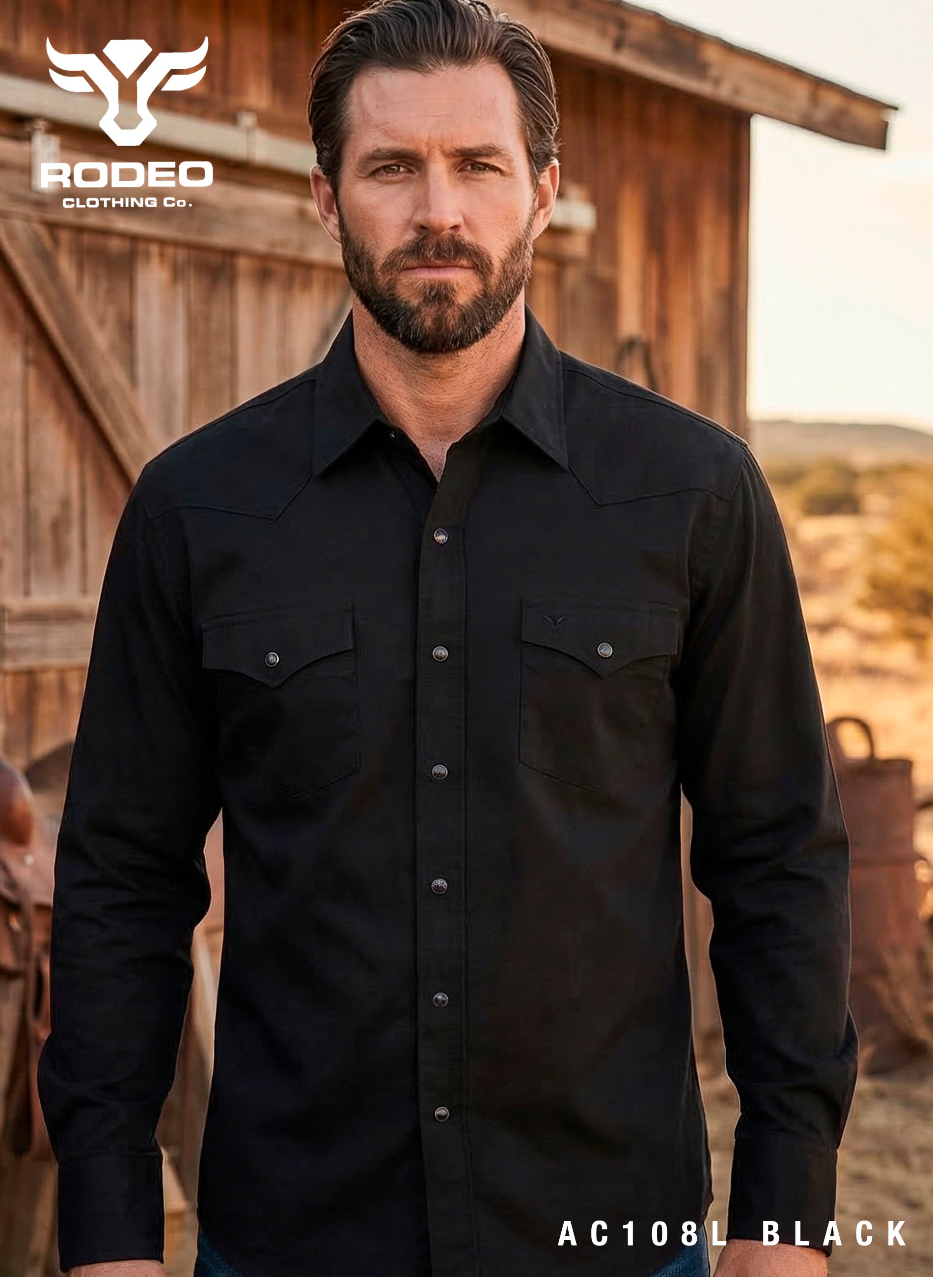Men's Western Solid Twill Shirt-AC108L-BLACK