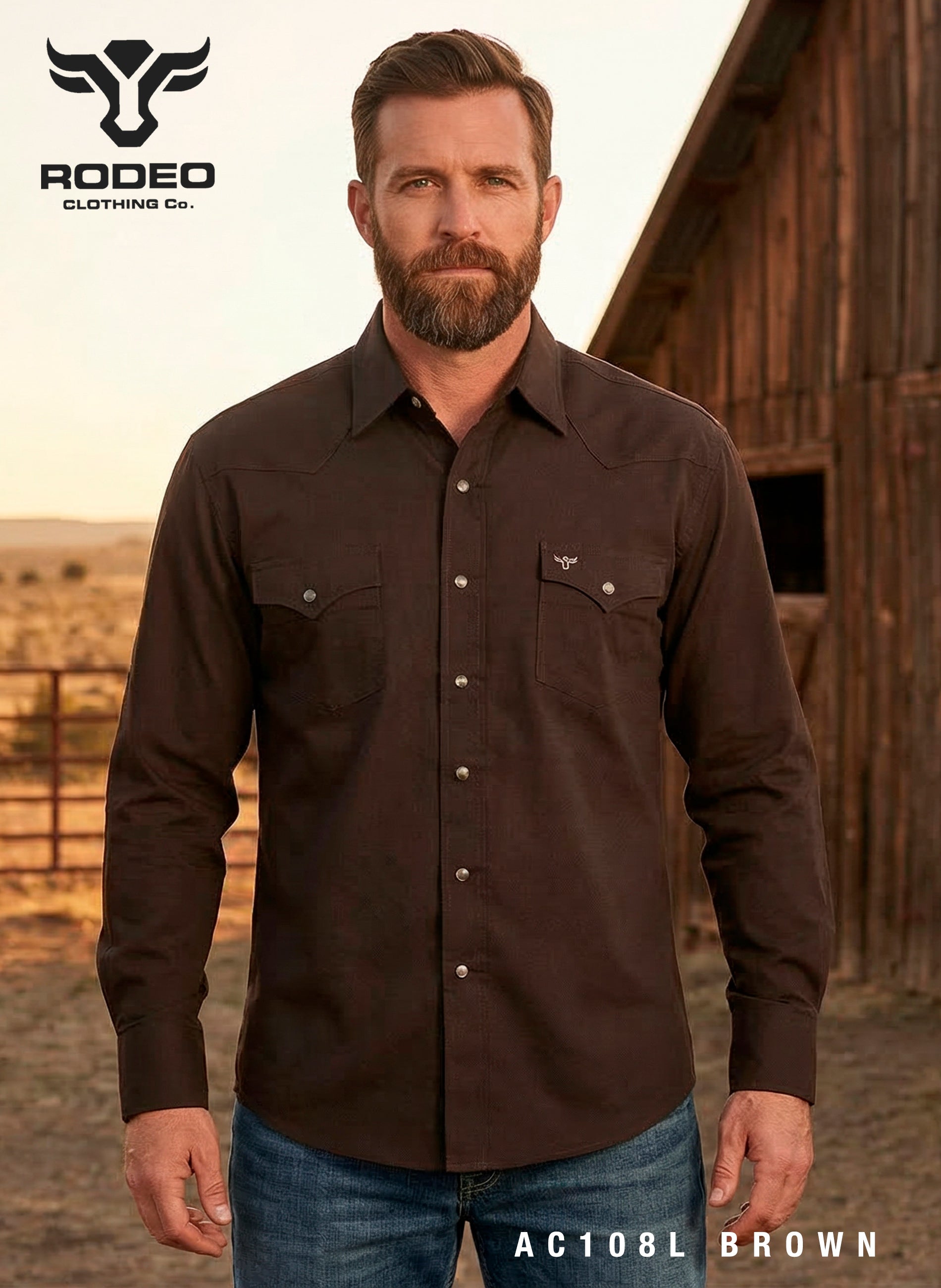 Man wearing a brown shirt with 'Rodeo Clothing Co.' logo in the corner
