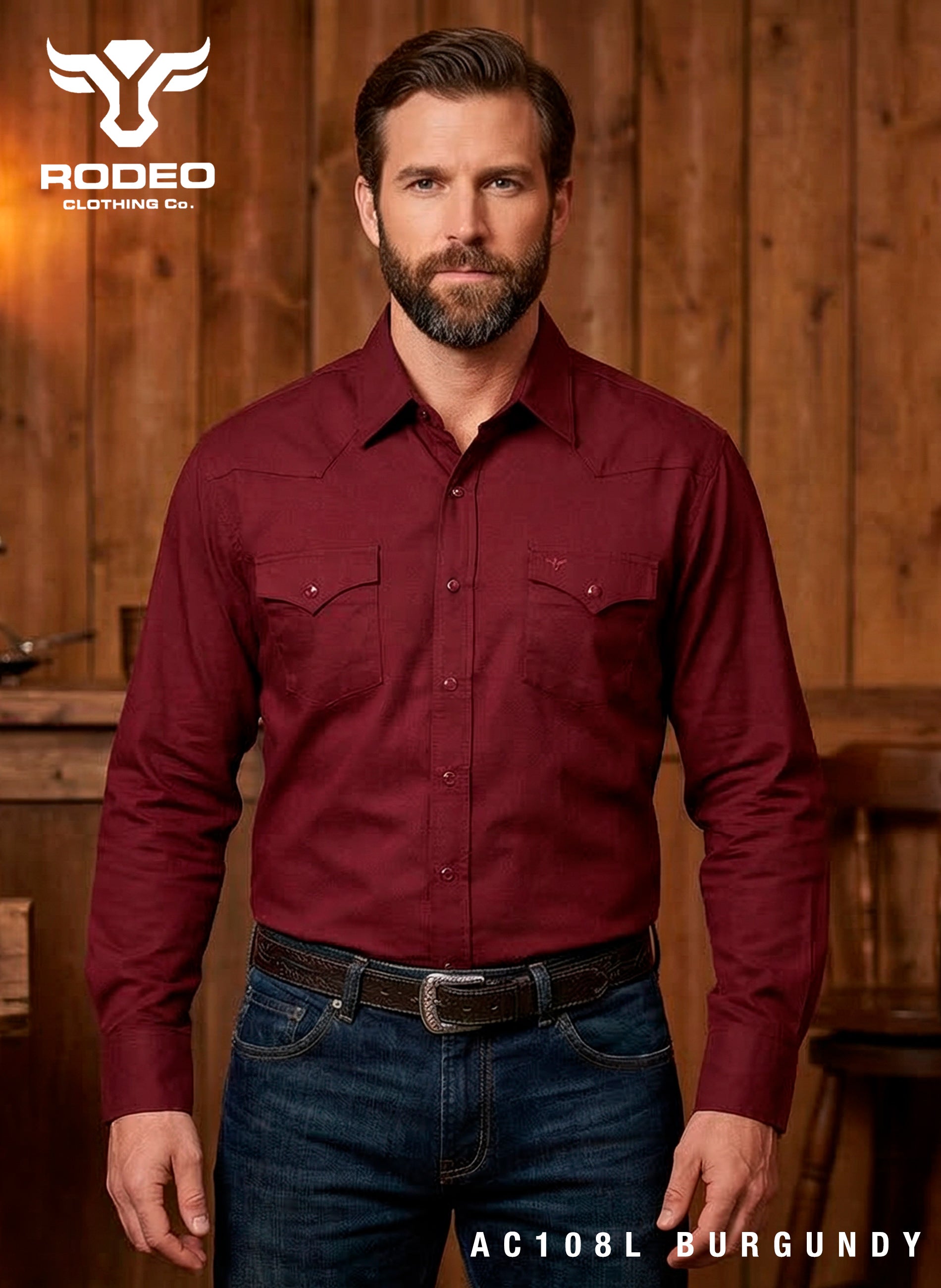 Men's Western Solid Twill Shirt-AC108L-BURGUNDY