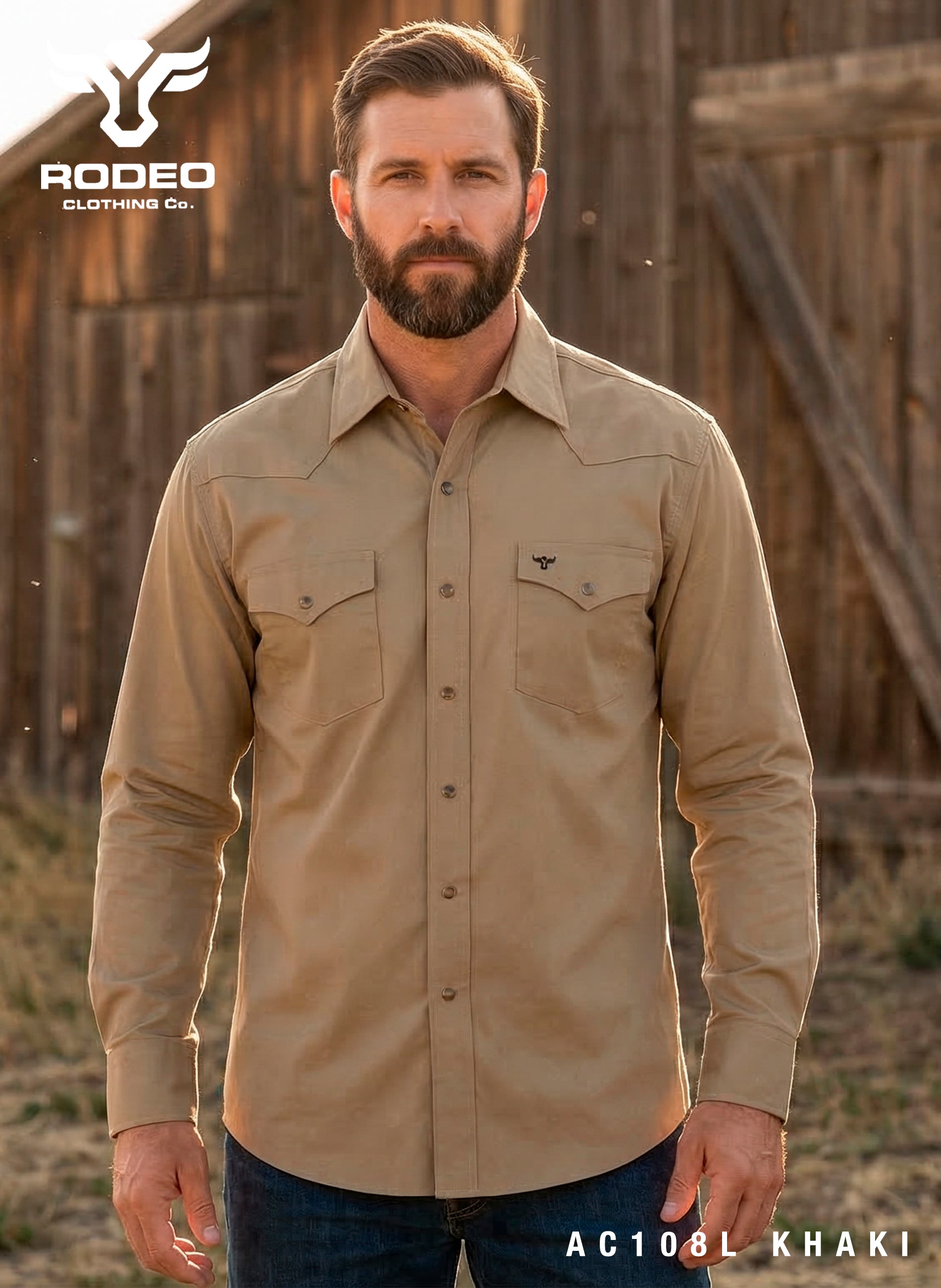 Men's Western Solid Twill Shirt-AC108L-KHAKI