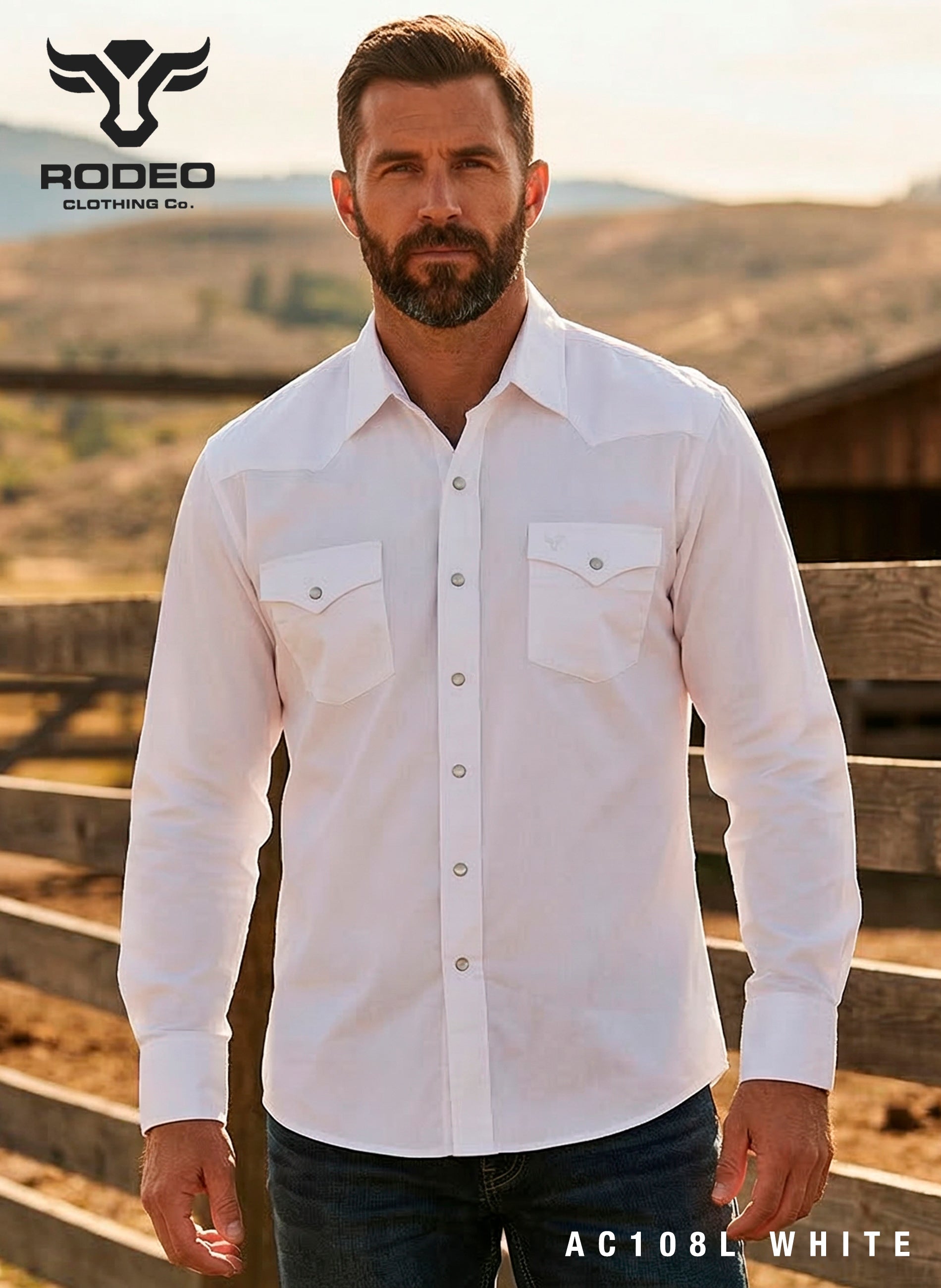 Man wearing a white shirt with a Rodeo Clothing Co. logo in the background.