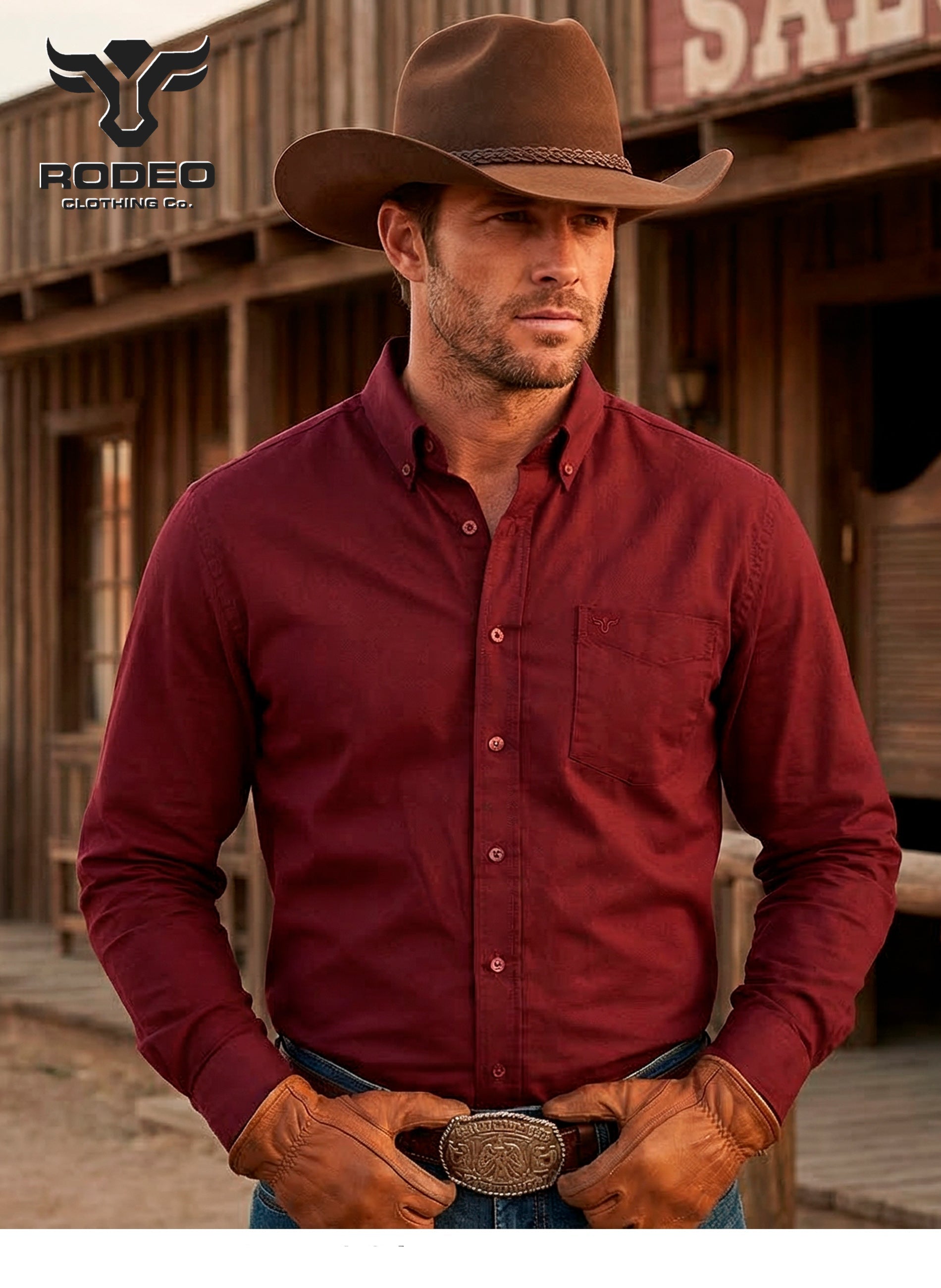 Men’s Solid Western 100% Cotton Twill Button Down Shirt-AC110L-BURGUNDY