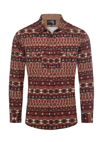 Men's Western Pearl Snap Aztec Print Shirt-MPS110L-1117