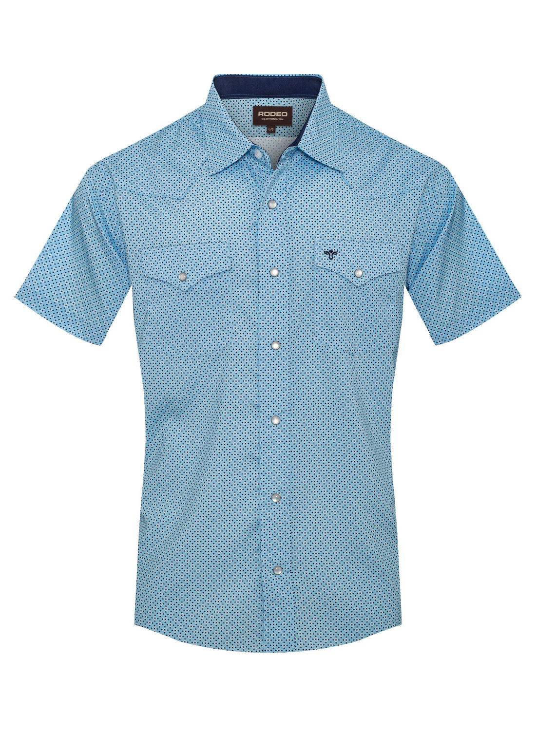 Blue patterned short-sleeve shirt on a white background