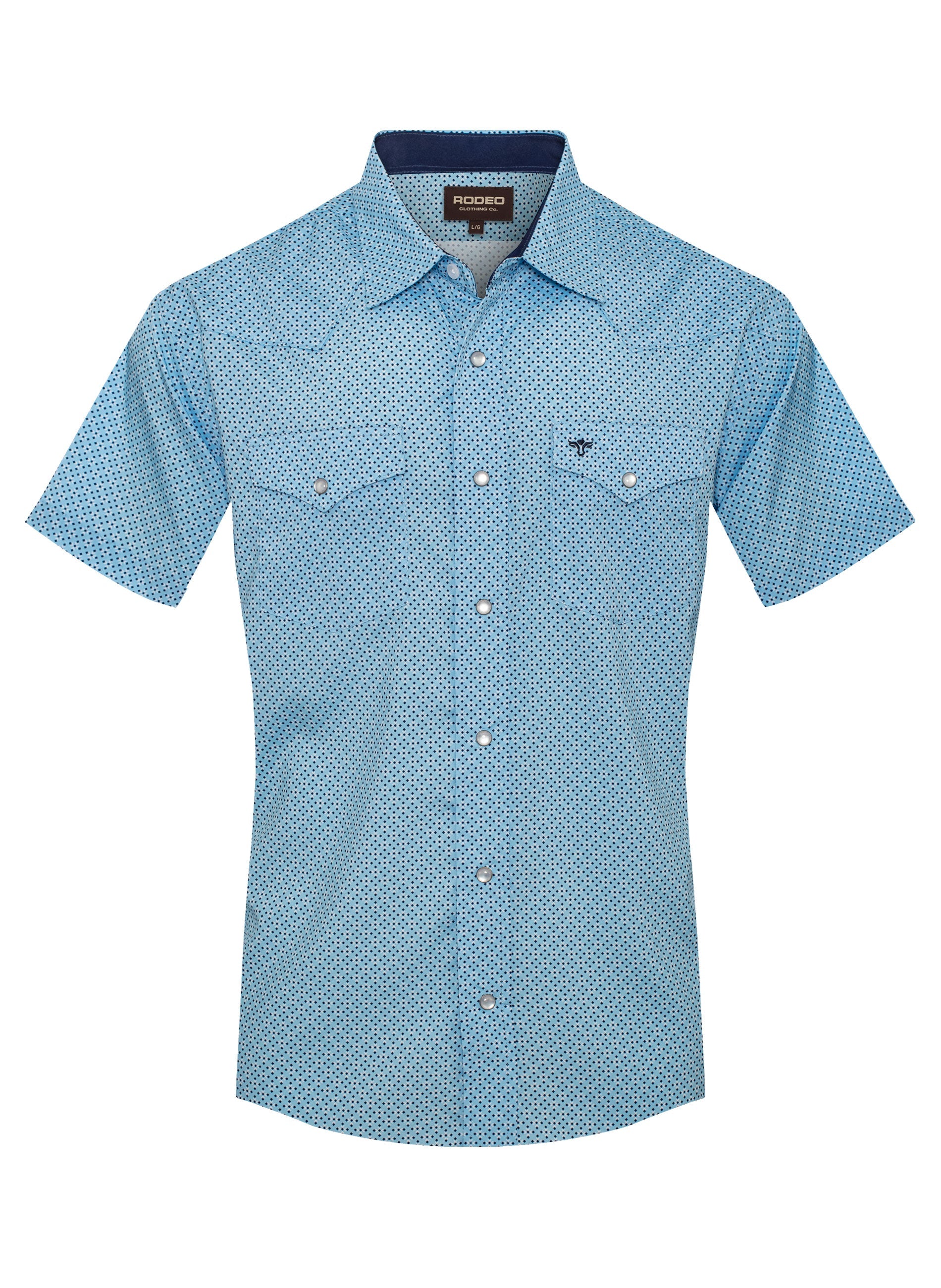 Blue patterned short-sleeve shirt on a white background