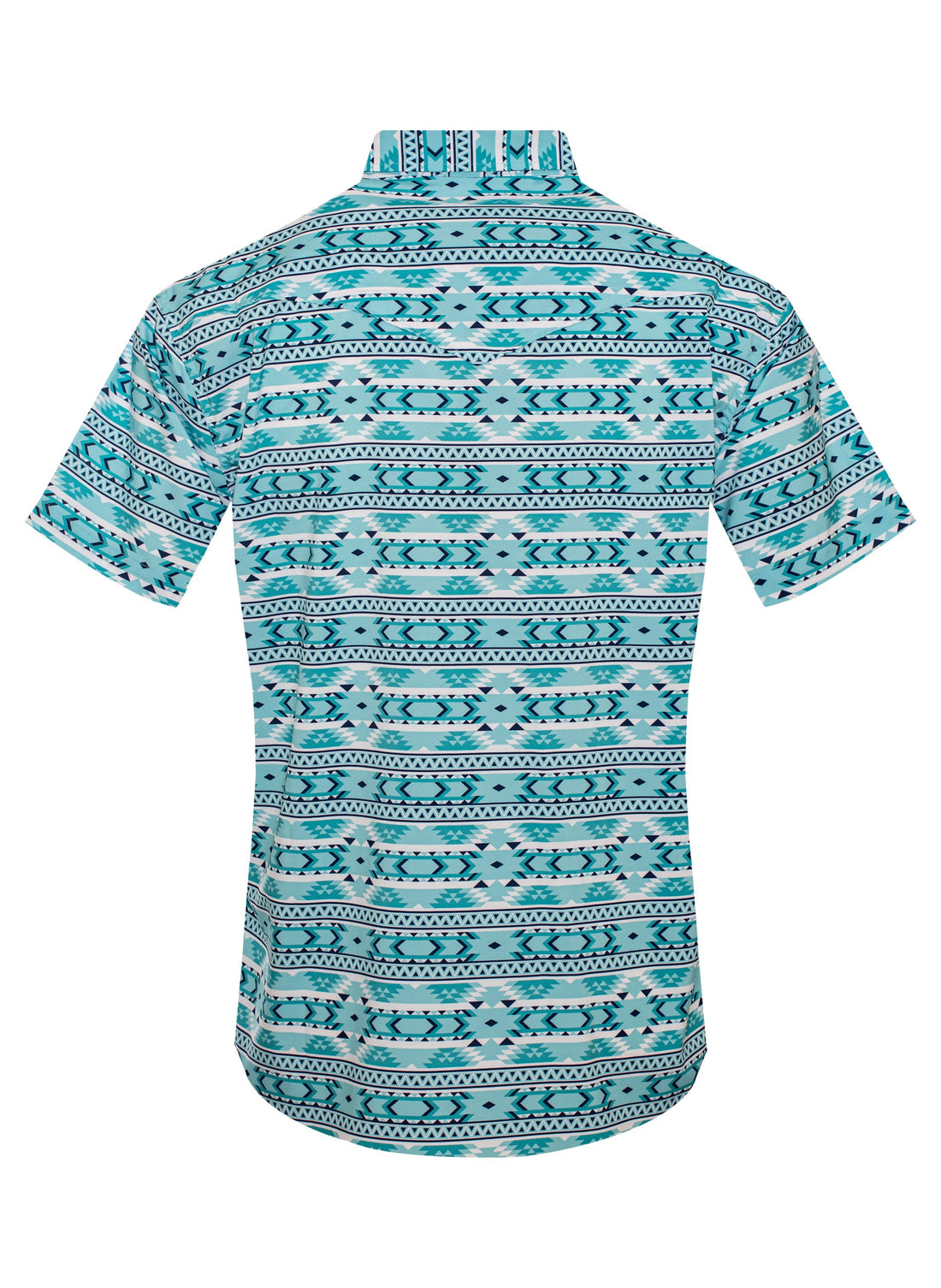 Teal patterned shirt on a white background