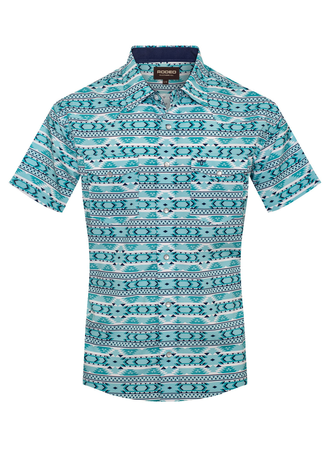 Teal patterned shirt on a white background
