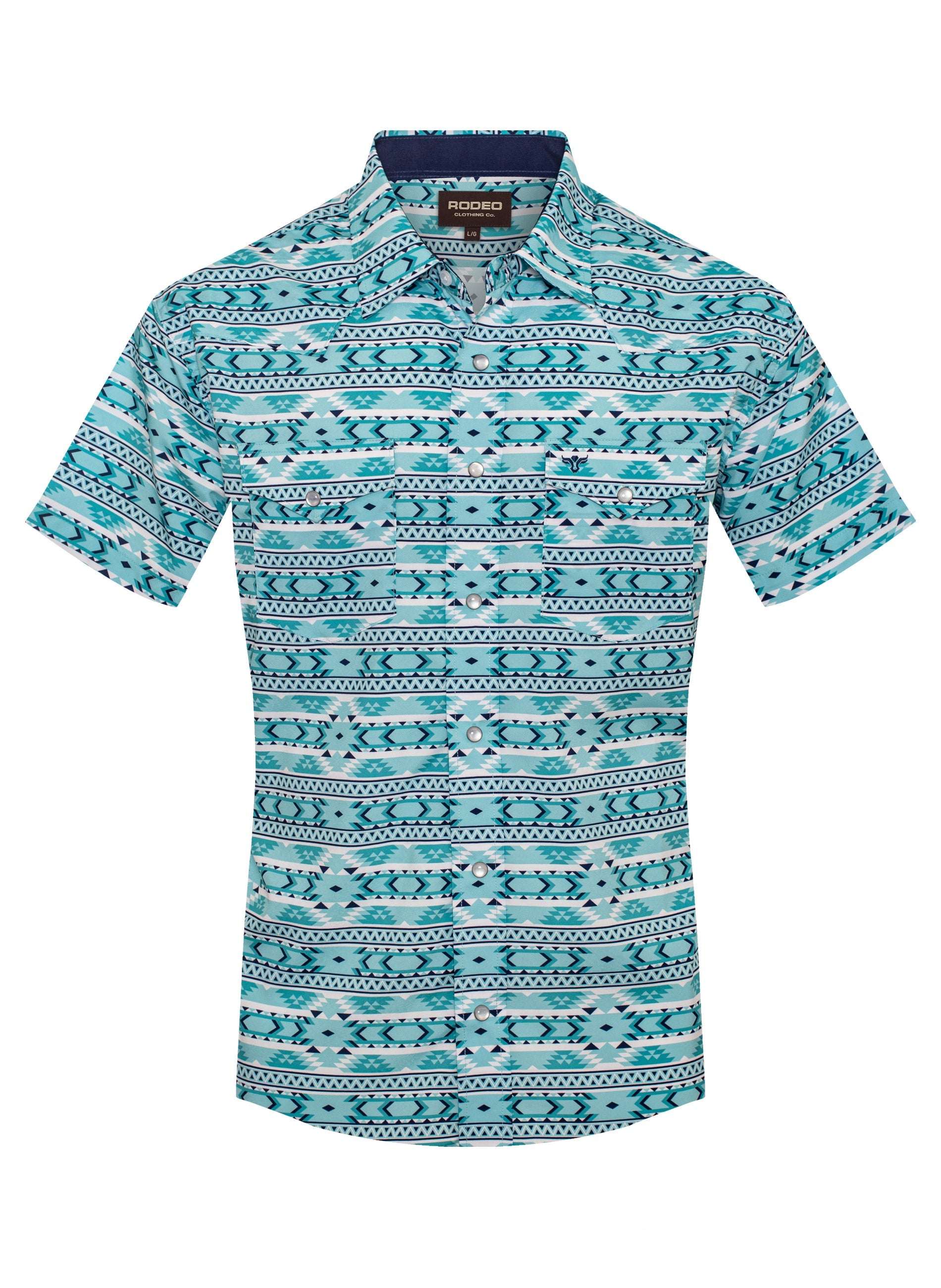 Teal patterned shirt on a white background