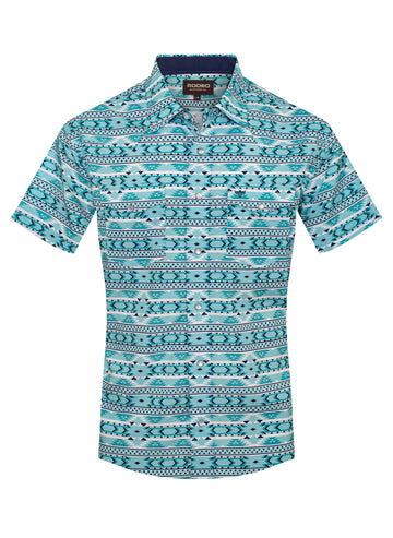 Teal patterned shirt on a white background