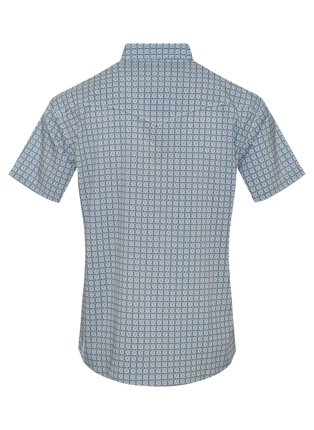 Short-sleeve shirt with geometric pattern on a white background