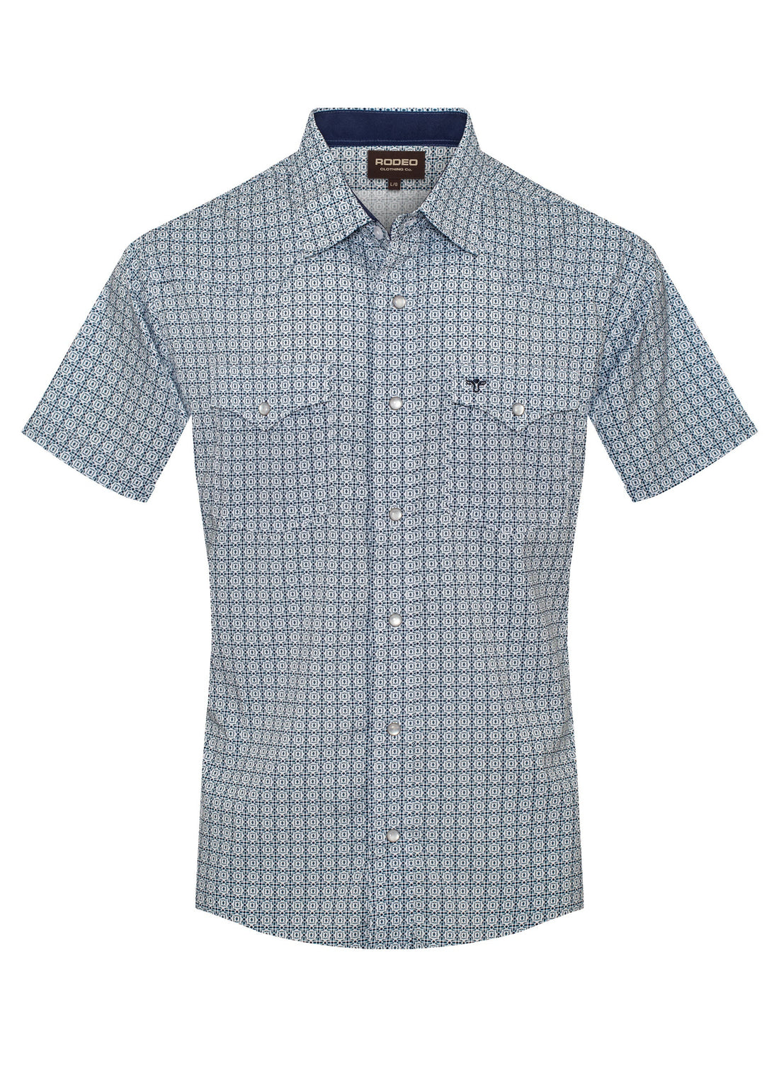 Short-sleeve shirt with geometric pattern on a white background