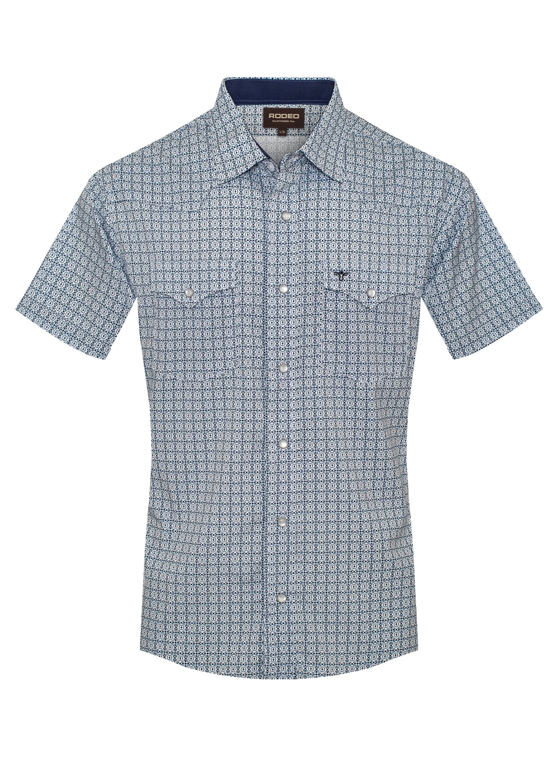 Short-sleeve shirt with geometric pattern on a white background
