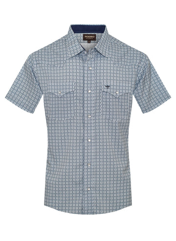 Short-sleeve shirt with geometric pattern on a white background