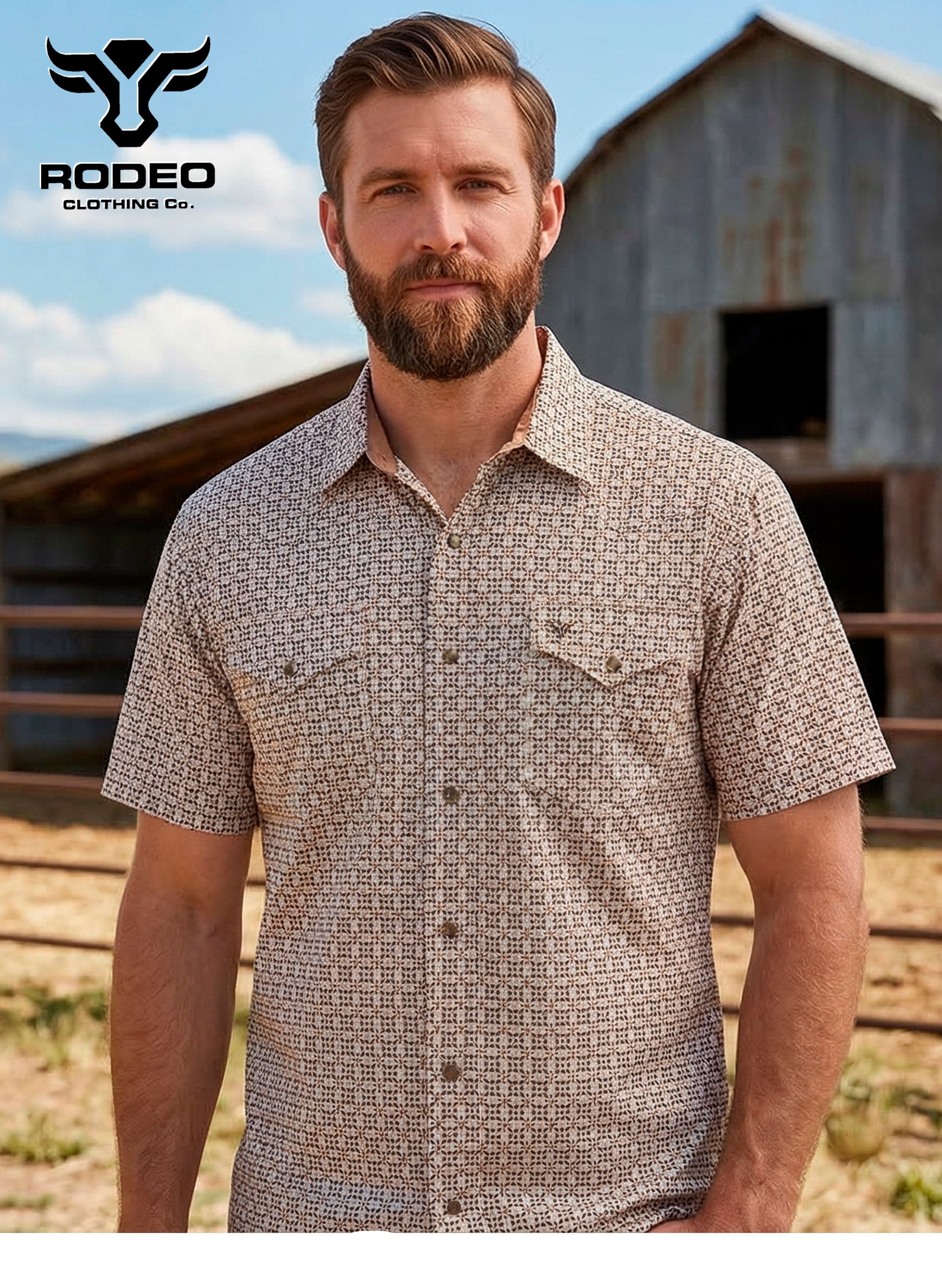 Man wearing a patterned shirt with a barn in the background, featuring Rodeo Clothing Co. branding.