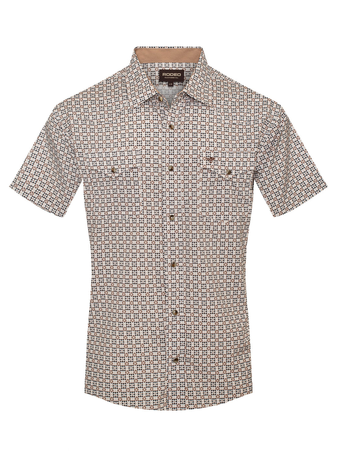 Short-sleeve shirt with geometric pattern on a white background