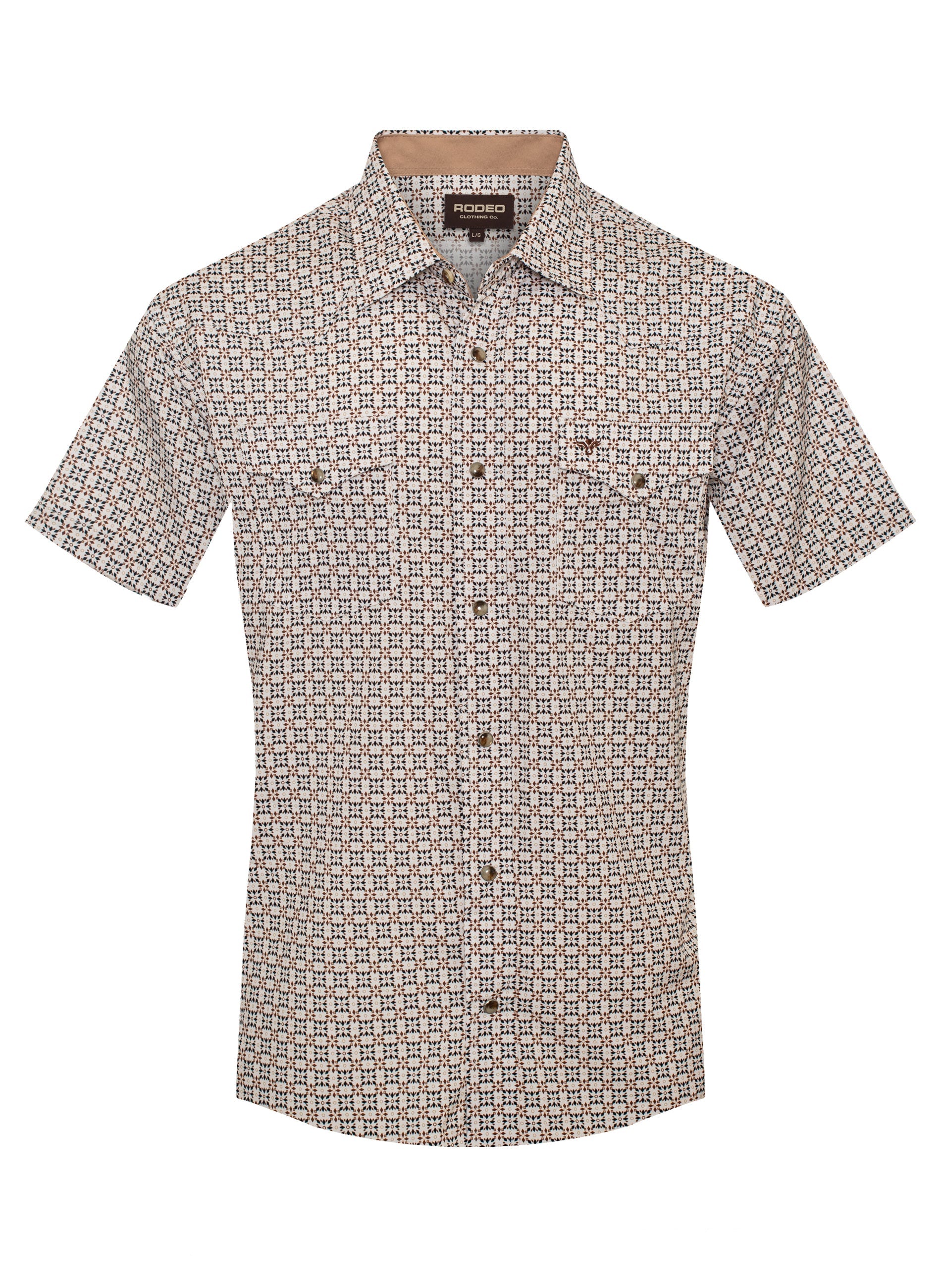 Short-sleeve shirt with geometric pattern on a white background