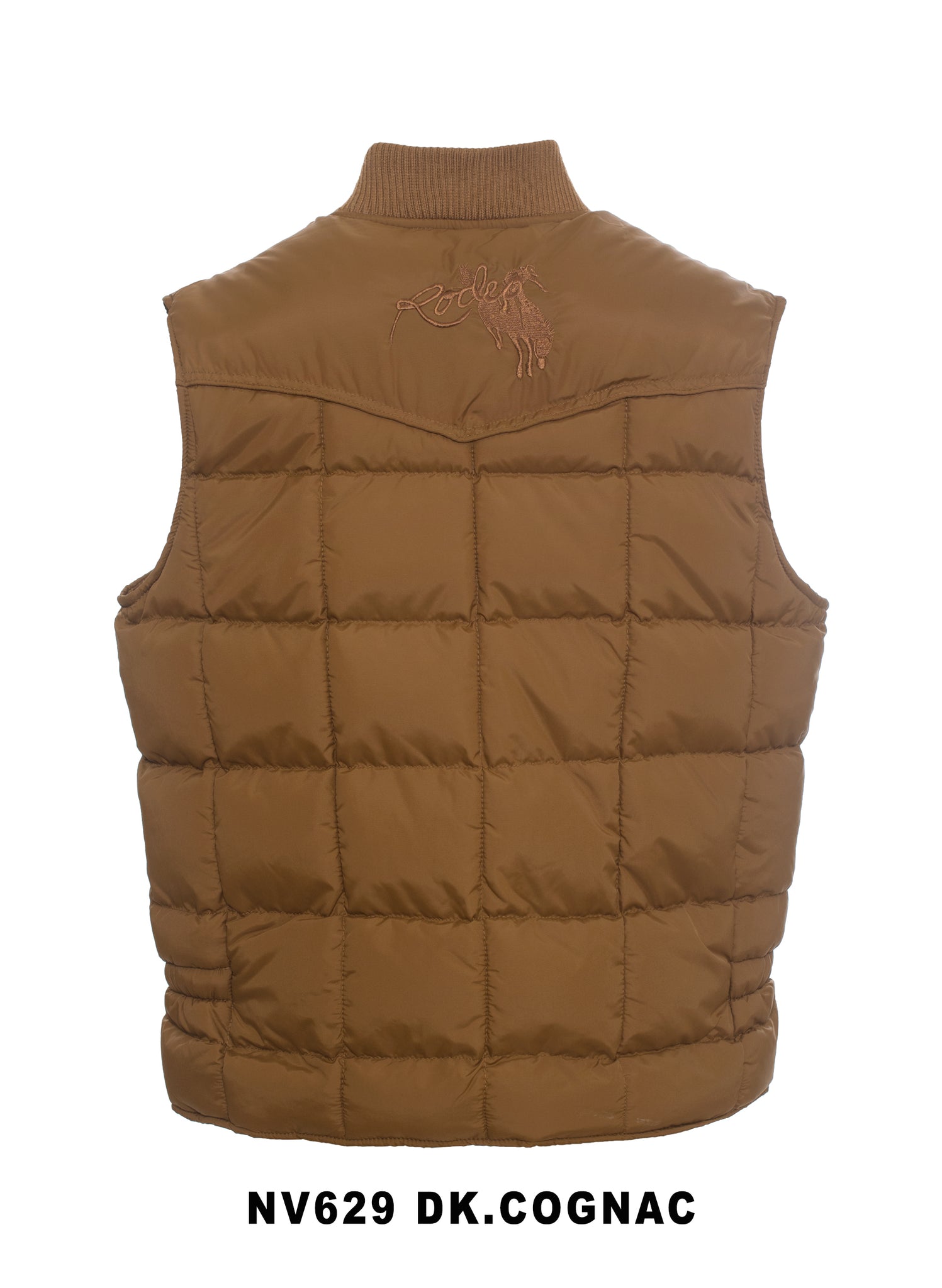 Men's Nylon Quilted Sleeveless Vest With Embroidery-NV629/EMB-COGNAC