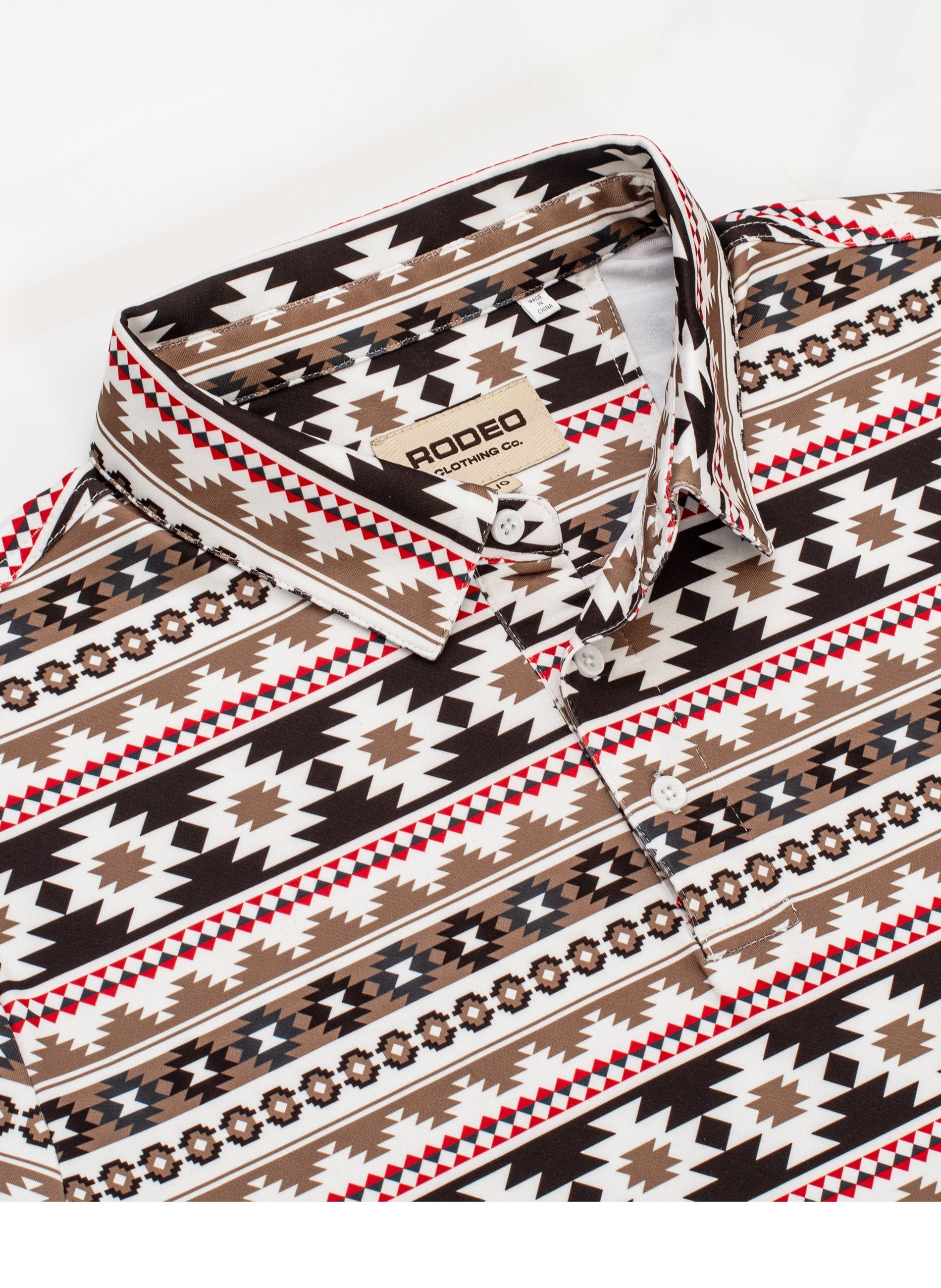Patterned shirt with a visible brand logo on a white background