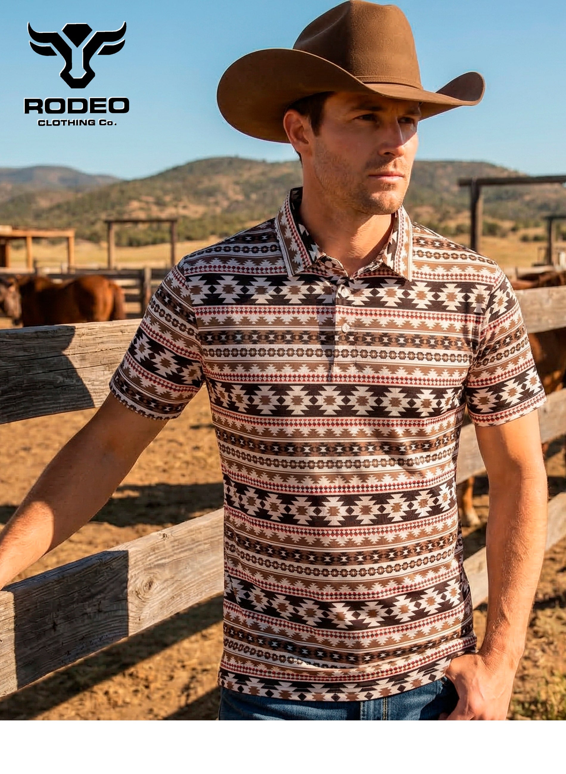 Man wearing a patterned shirt and cowboy hat in a rural setting with 'Rodeo Clothing Co.' branding.