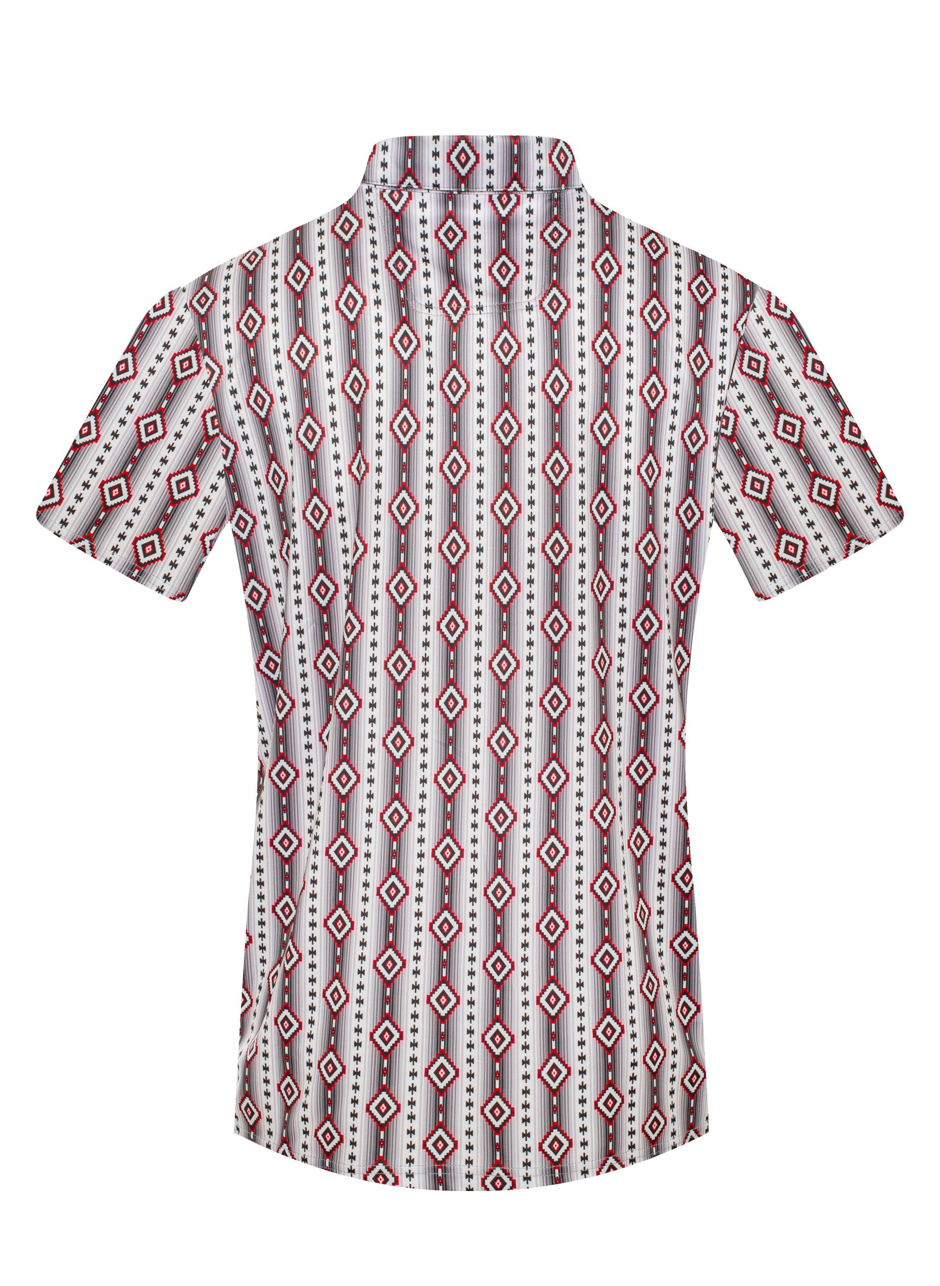 Short-sleeve shirt with geometric pattern on a white background