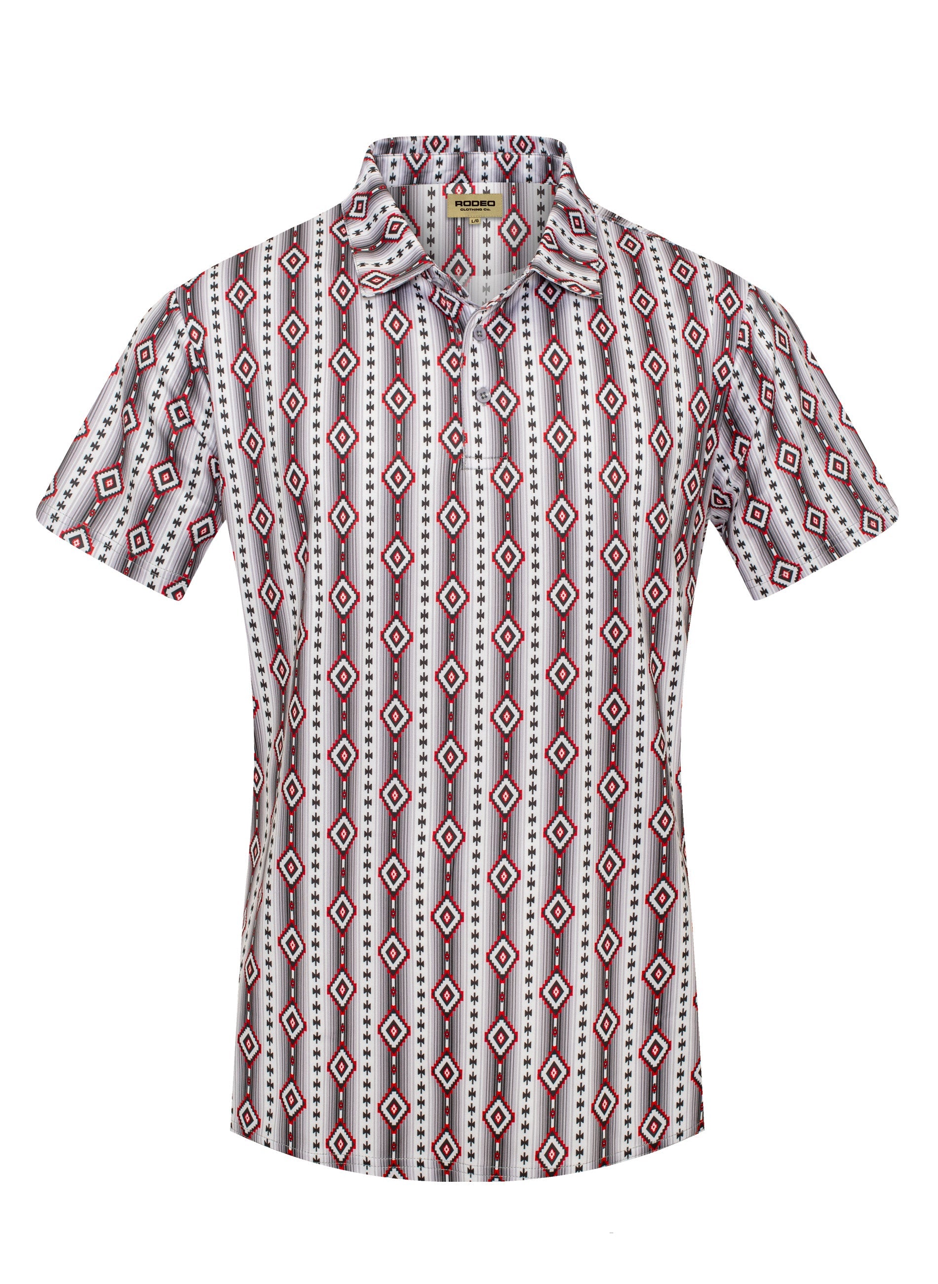 Short-sleeve shirt with a geometric pattern on a white background