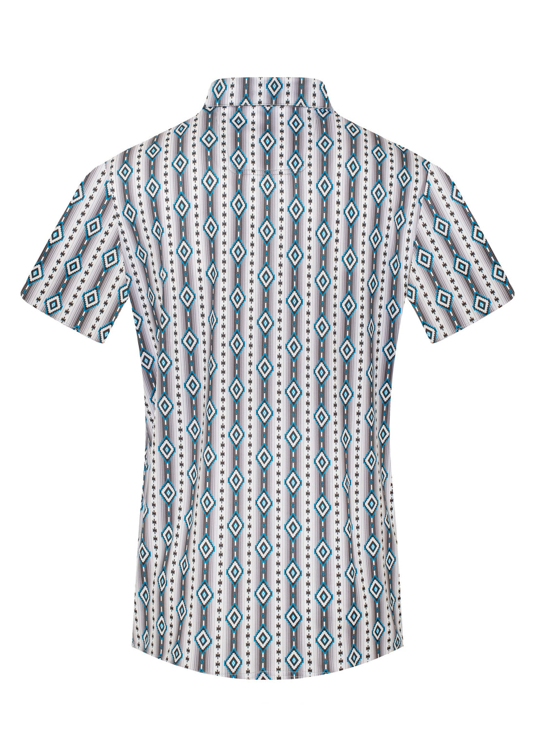 Short-sleeve shirt with geometric pattern on a white background