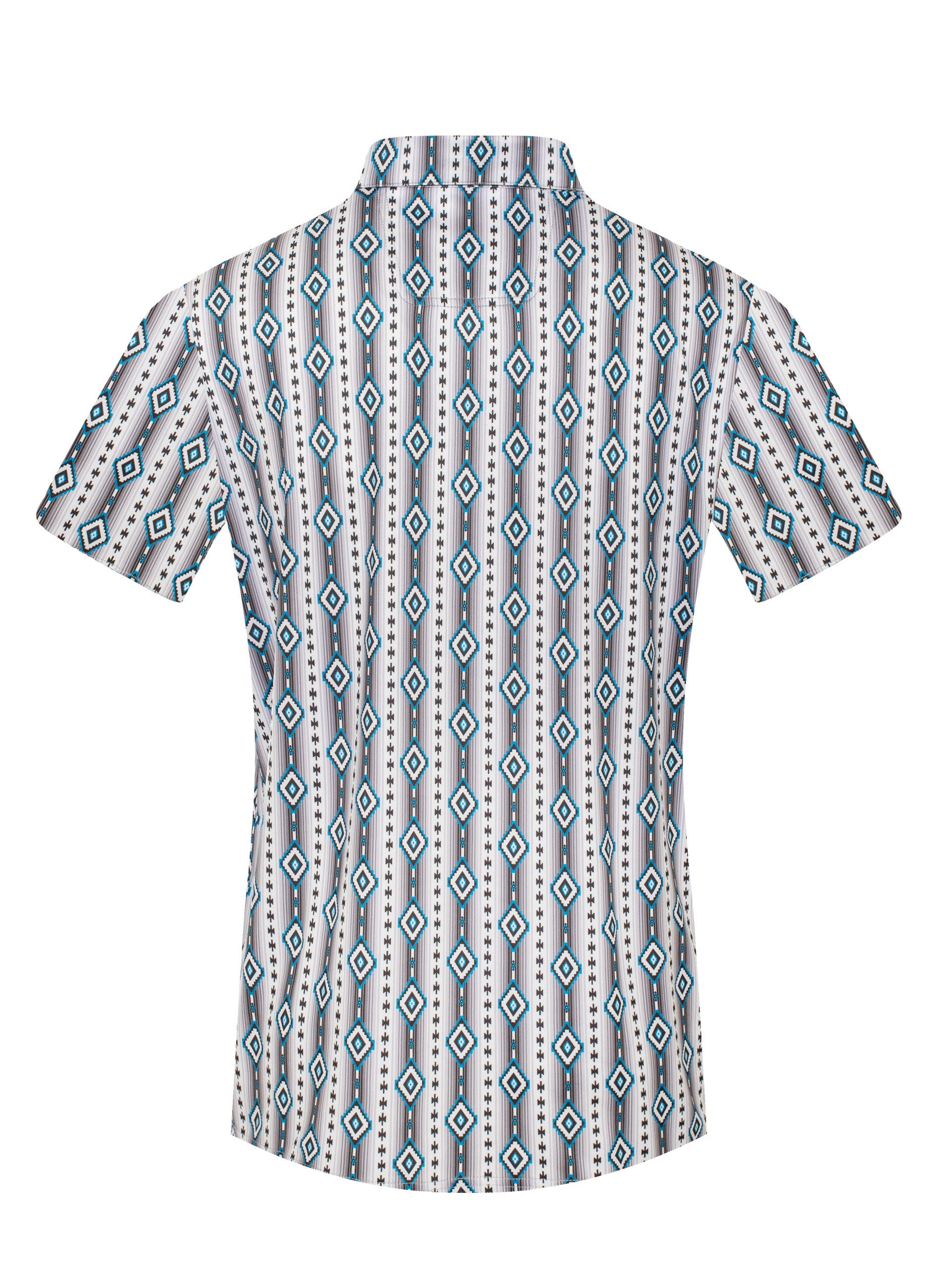 Short-sleeve shirt with geometric pattern on a white background