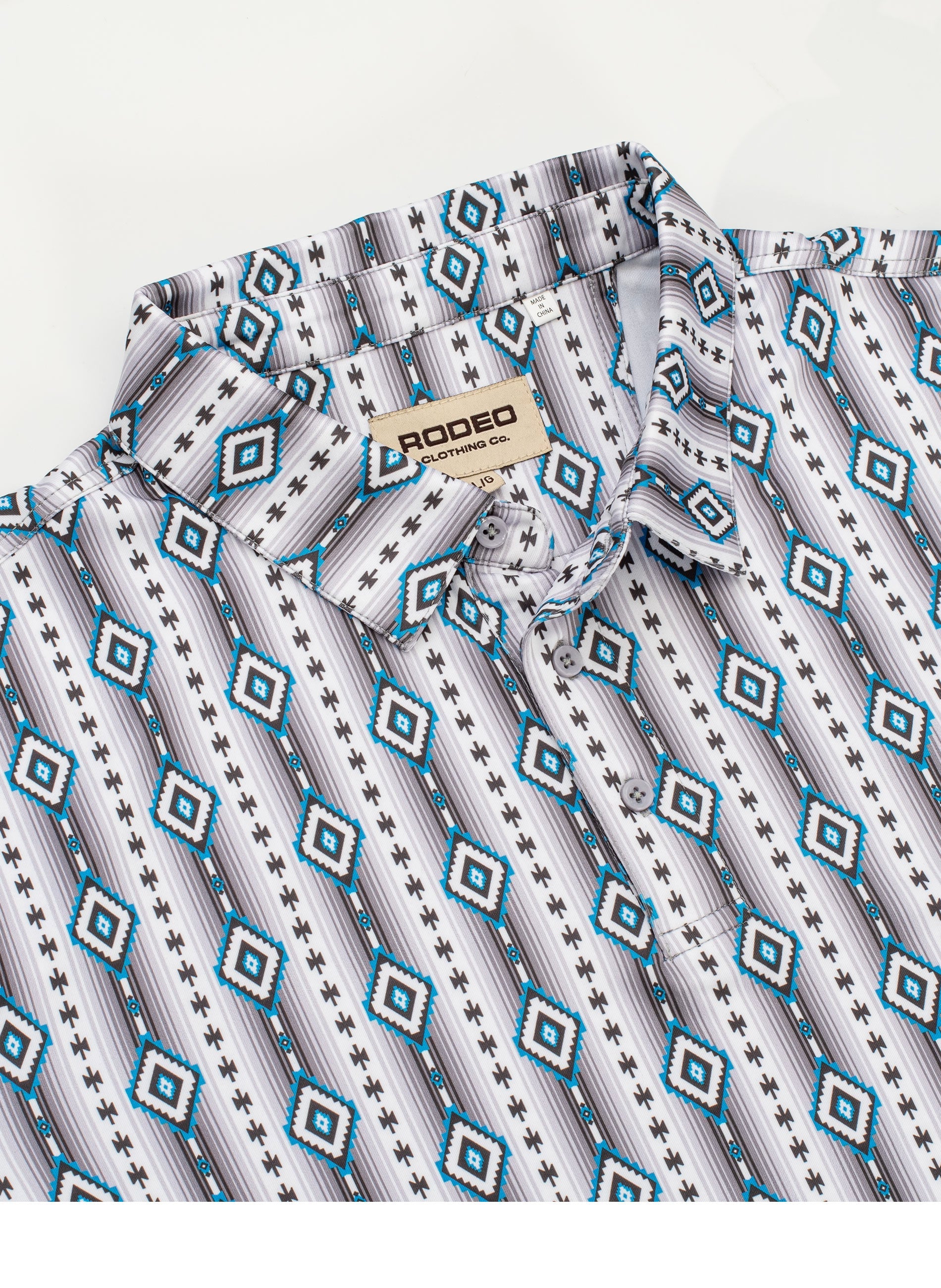 Patterned shirt with 'Rodeo' label on a white background