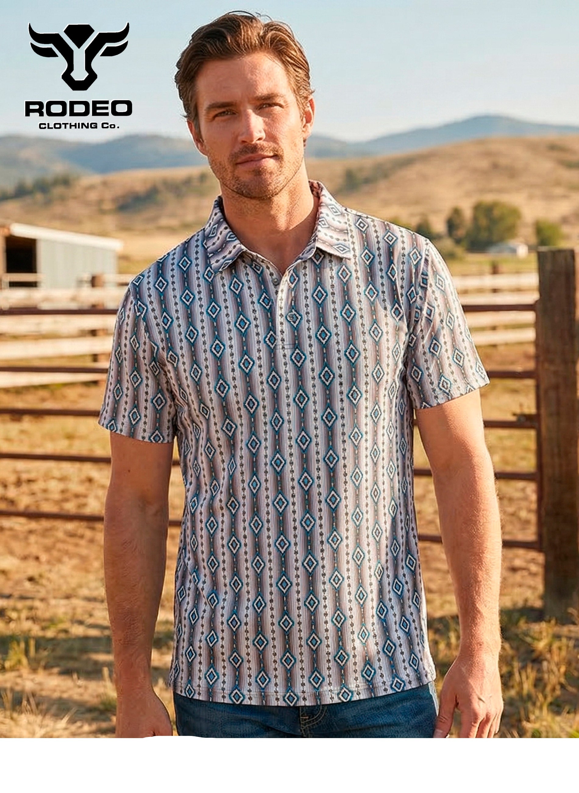Man wearing a patterned shirt in a rural setting with 'Rodeo Clothing Co.' branding.