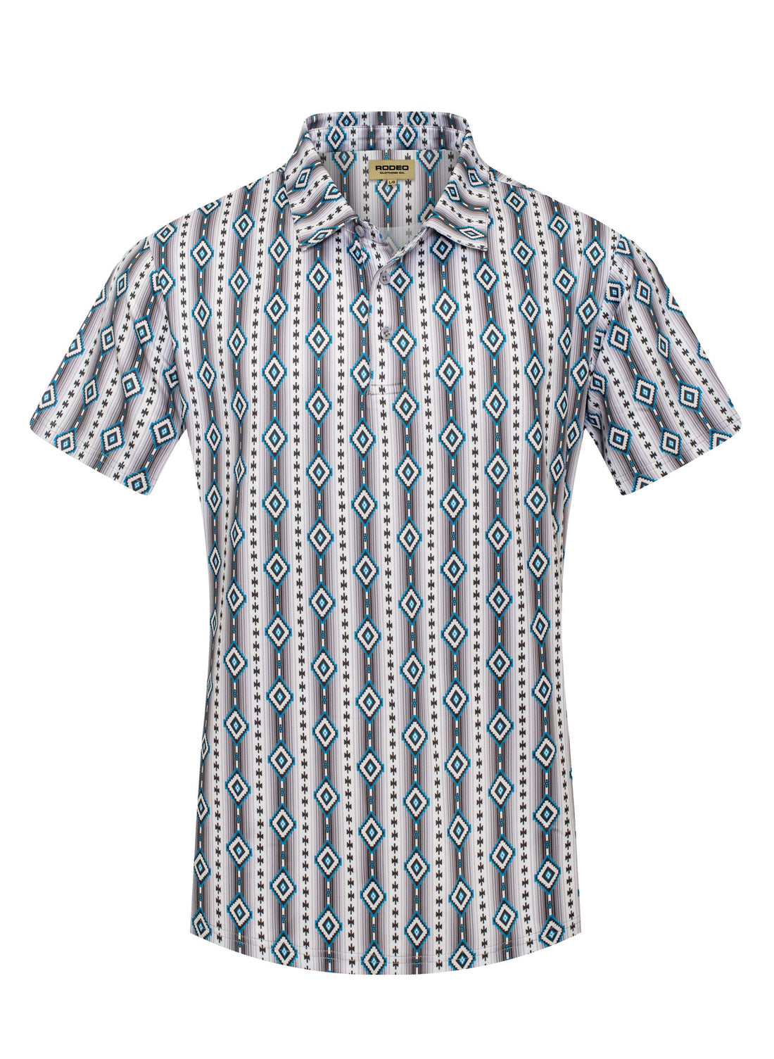 Short-sleeve shirt with geometric pattern on a white background