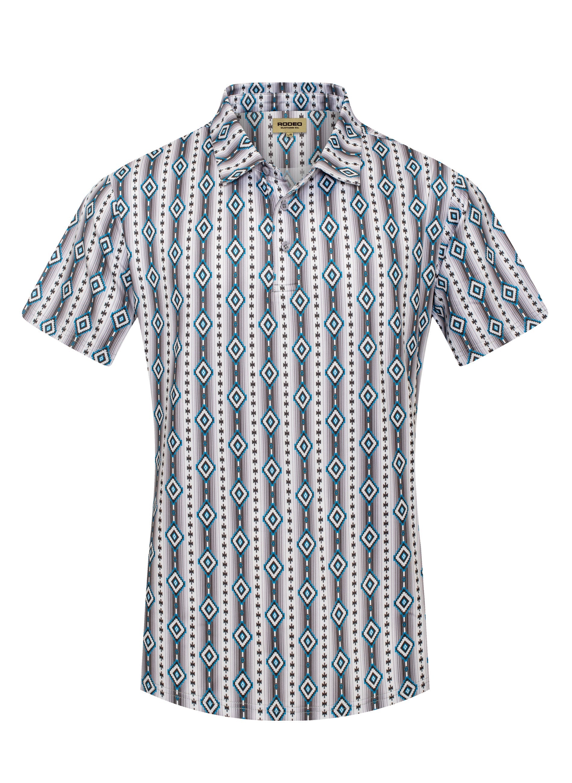 Short-sleeve shirt with geometric pattern on a white background