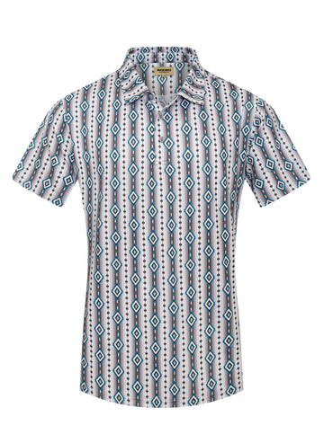 Short-sleeve shirt with geometric pattern on a white background