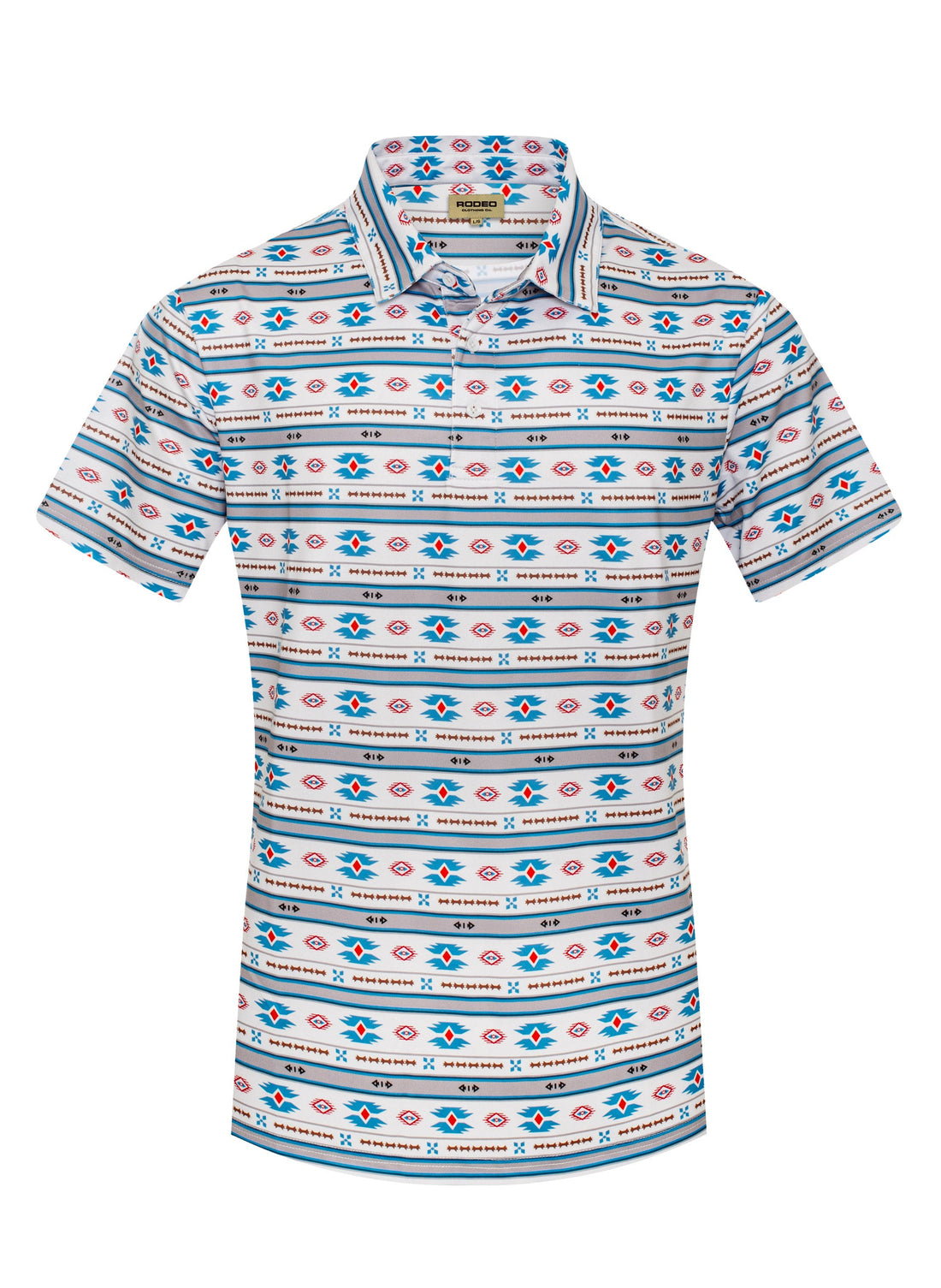 Patterned shirt with a brand logo on a white background