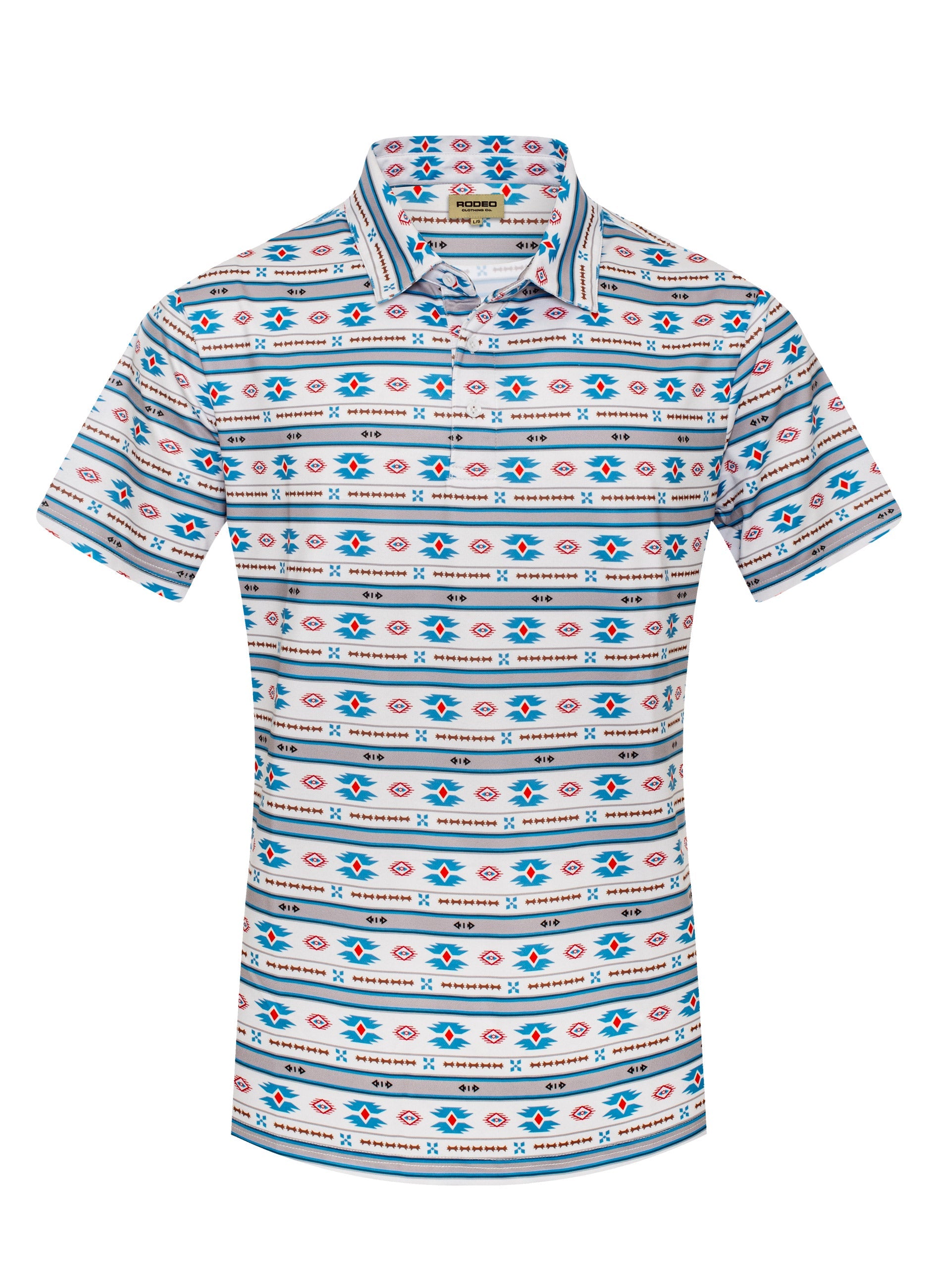 Patterned shirt with a brand logo on a white background