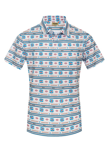 Patterned shirt with a brand logo on a white background