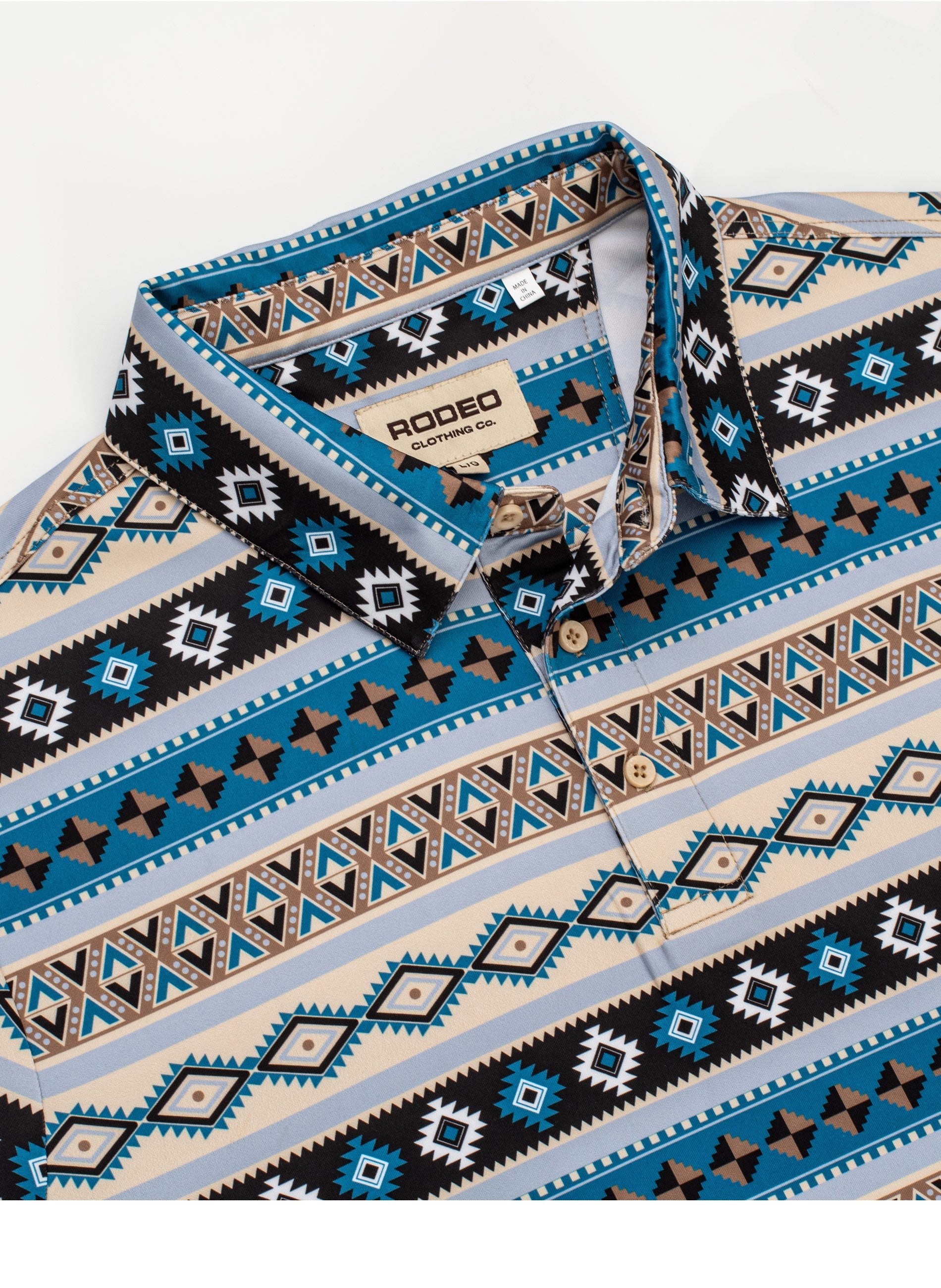 Patterned shirt with visible branding on a white background