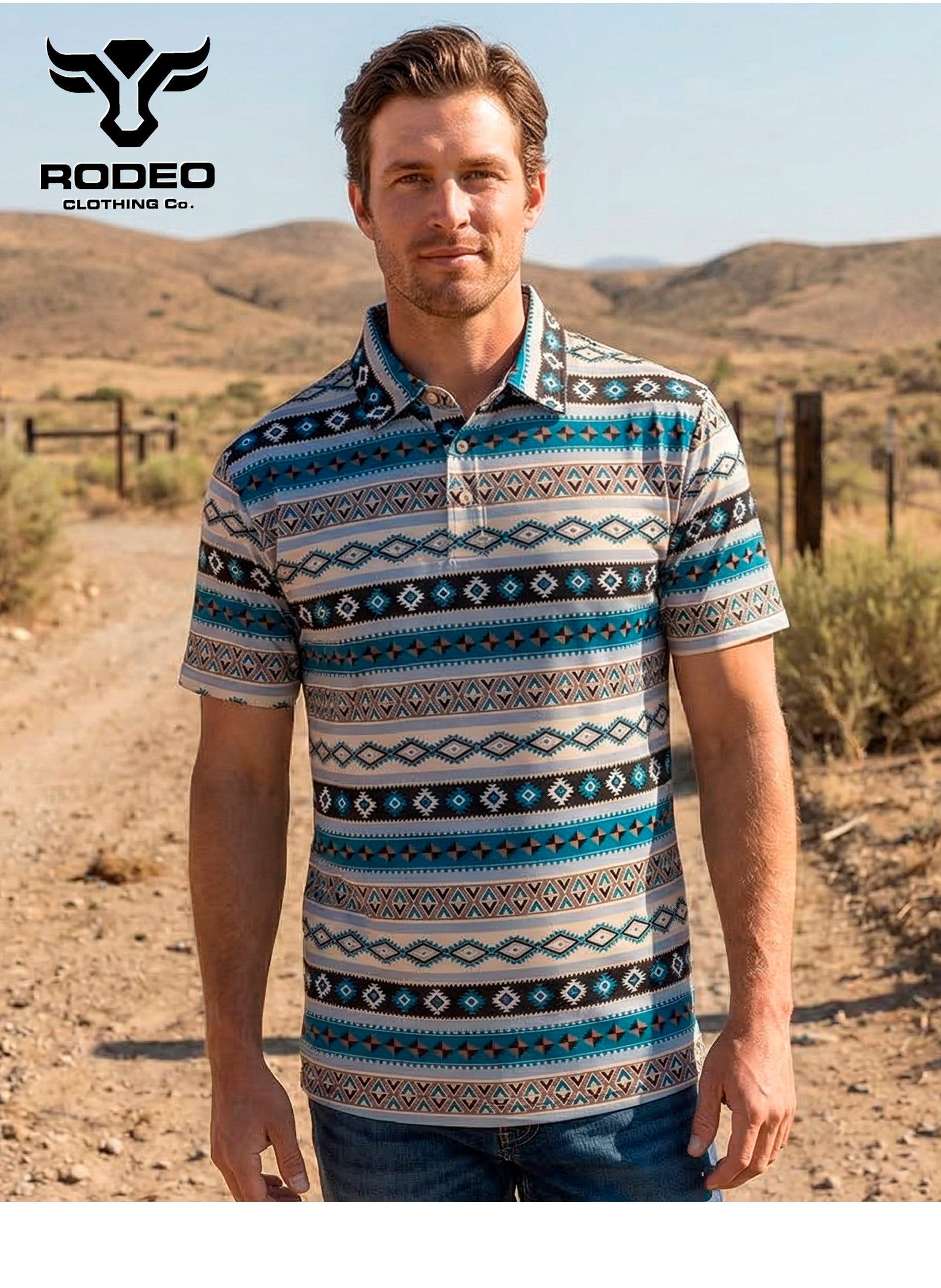 Man wearing a patterned shirt in a desert setting with Rodeo Clothing Co. branding.