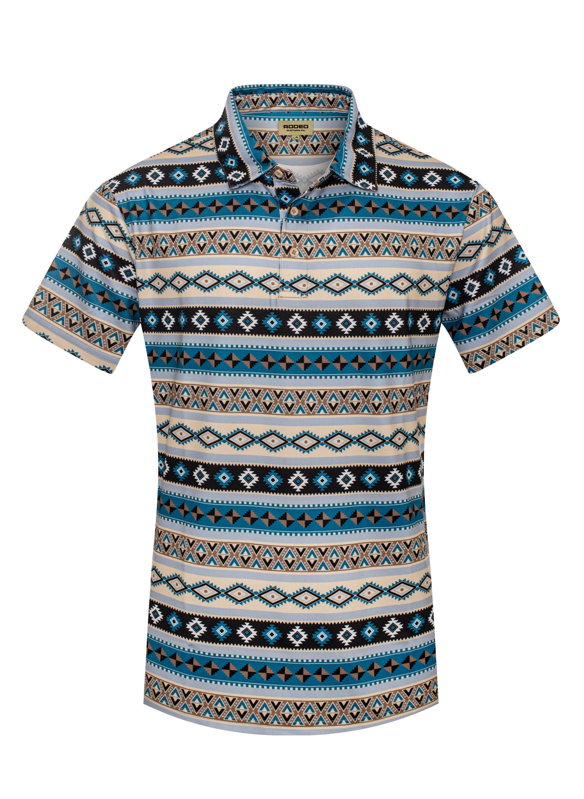 Patterned polo shirt with geometric design on a white background