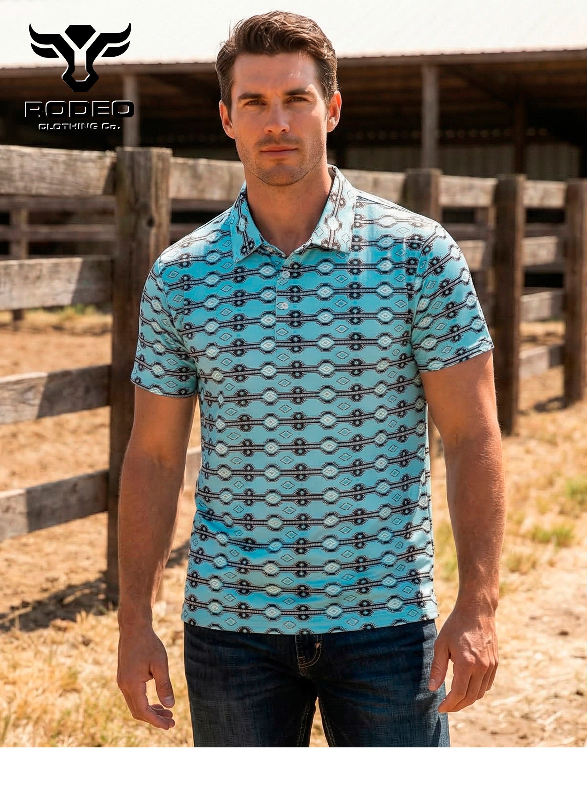 Man wearing a blue patterned shirt standing in front of wooden fences with 'Rodeo' branding.