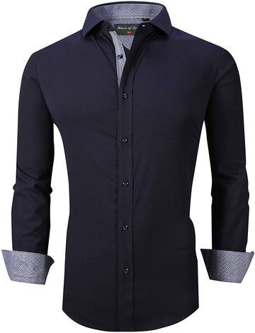 Calvetti Mens Dress Shirts Wrinkle Free Regular Long Sleeve Shirts-NAVY - Rodeo Clothing wholesale 