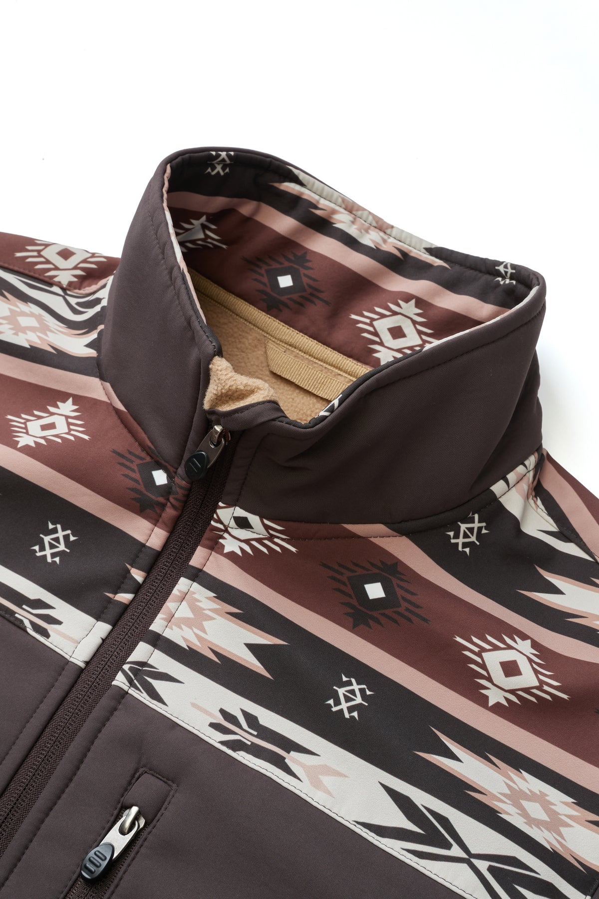 Men's Soft Shell Bonded Jacket With Western Aztec Print-NJ650EMB-AZ-BROWN-KHAKI