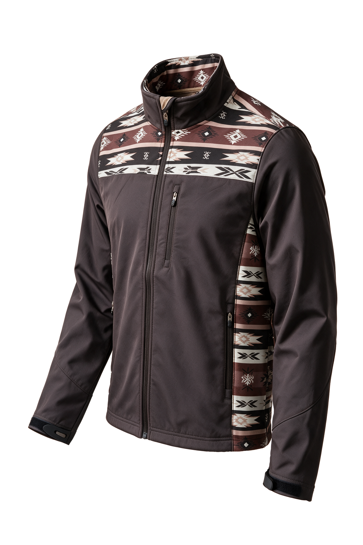 Men's Soft Shell Bonded Jacket With Western Aztec Print-NJ650EMB-AZ-BROWN-KHAKI
