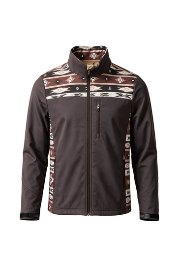 Men's Soft Shell Bonded Jacket With Western Aztec Print-NJ650EMB-AZ-BROWN-KHAKI