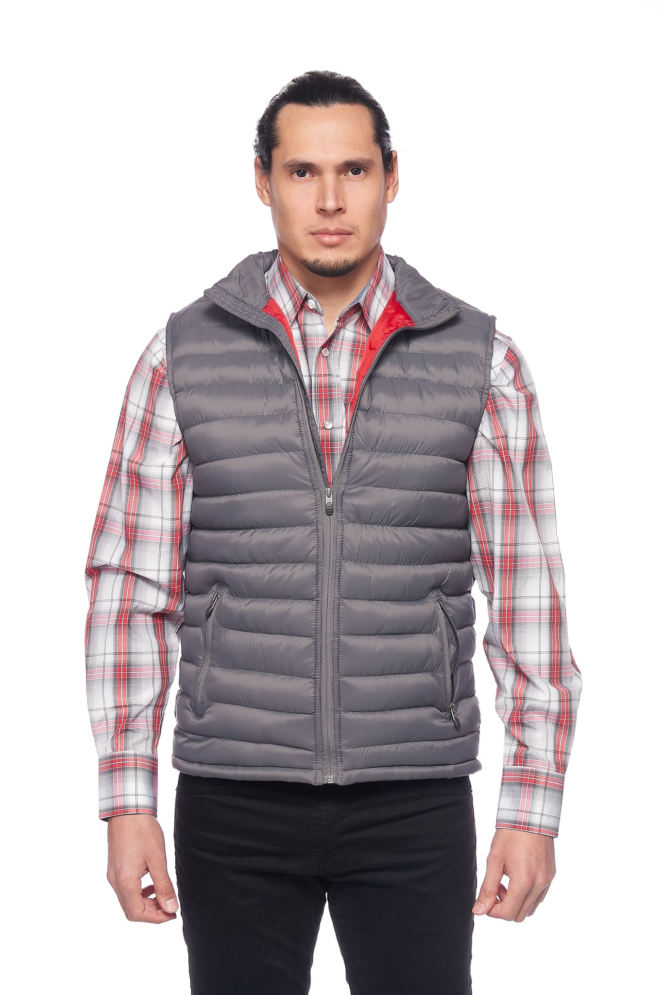 Men's Puffer Workwear/Streetwear Sleeveless Vest-NV640-DK GREY/RED