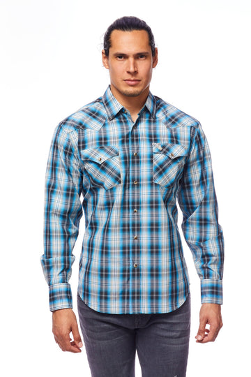 Men's Western Long Sleeve Pearl Snap Plaid Shirt-PS400-478 - Rodeo Clothing wholesale 
