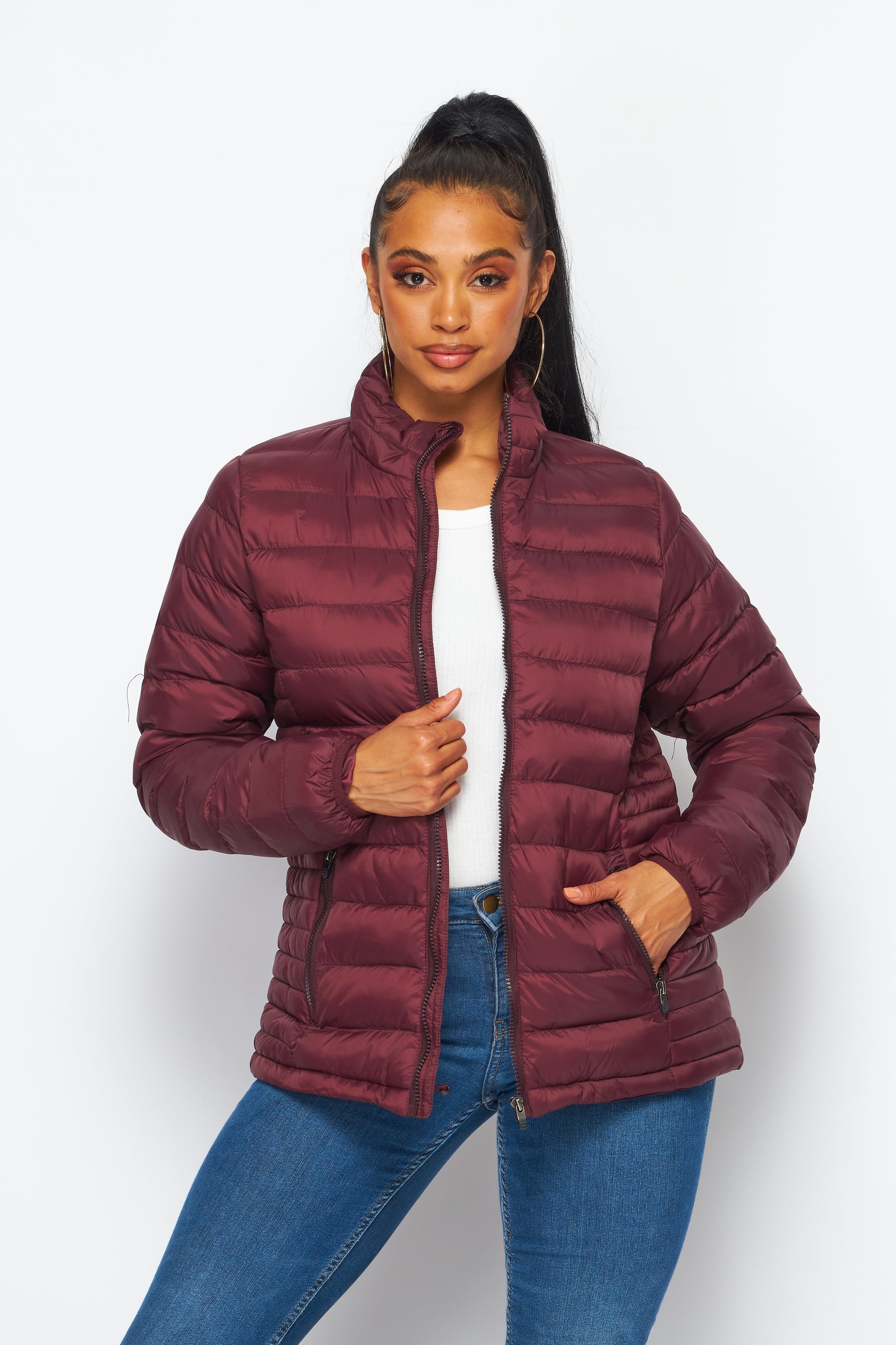 Women's Soft Coated Winter Puffer Jackets-LJ640-BURGUNDY - Rodeo Clothing wholesale 