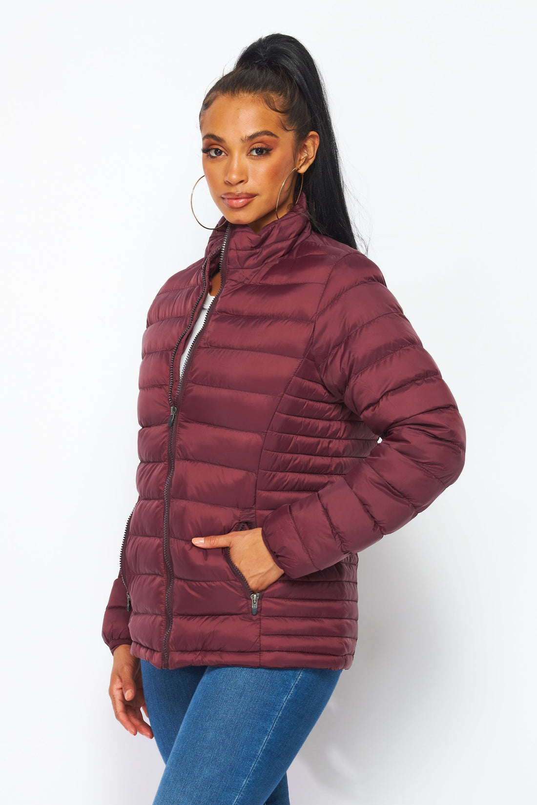 Women's Soft Coated Winter Puffer Jackets-LJ640-BURGUNDY - Rodeo Clothing wholesale 
