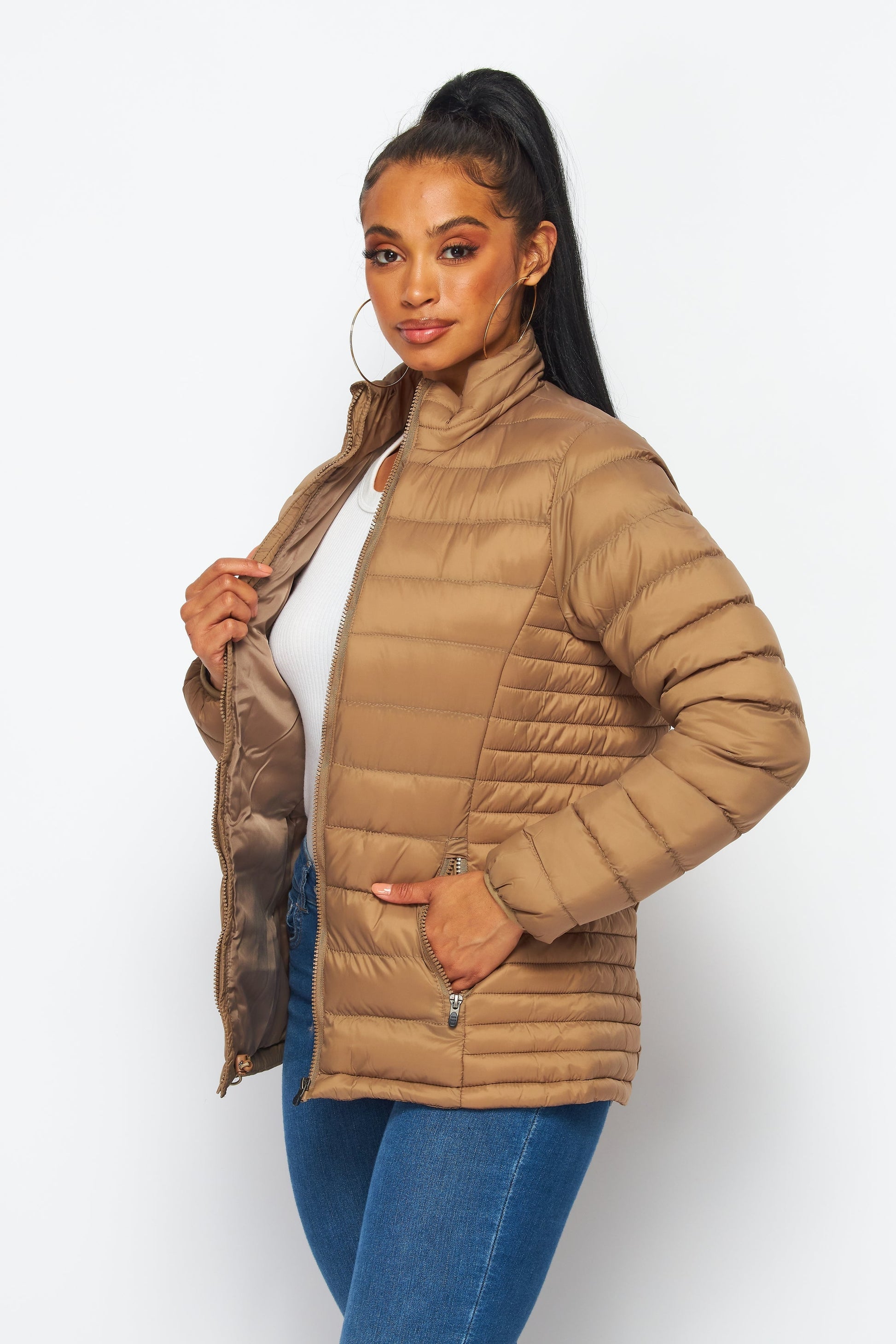 Women's Soft Coated Winter Puffer Jackets-LJ640-KHAKI - Rodeo Clothing wholesale 